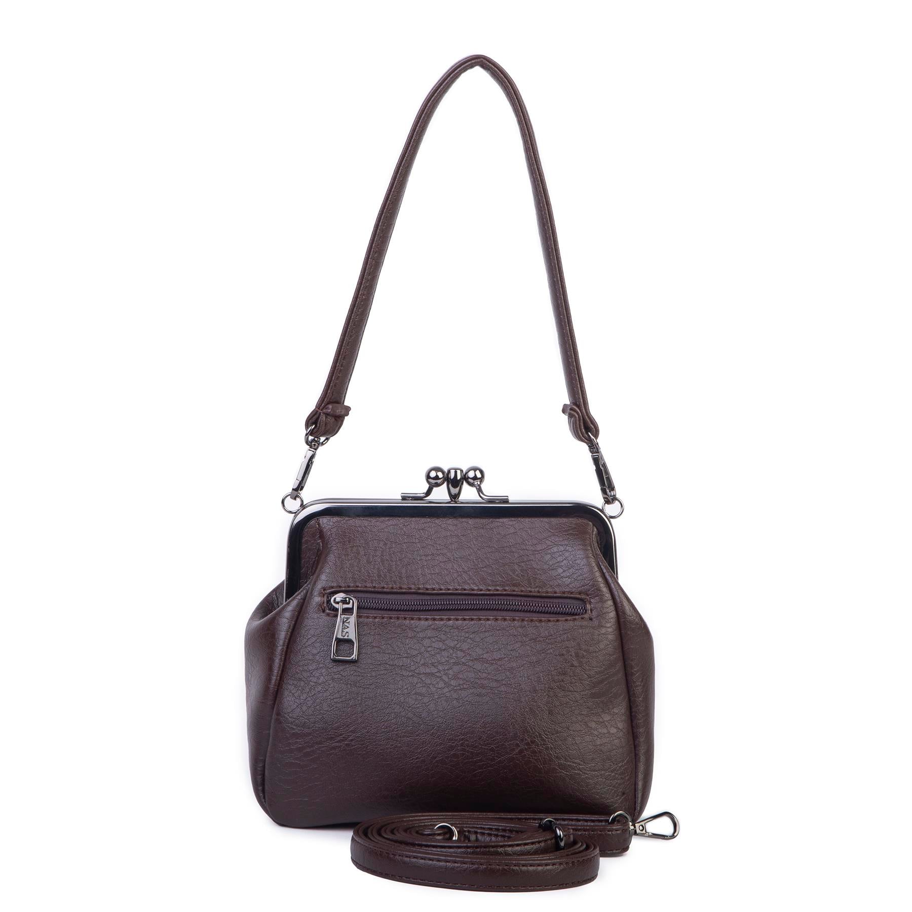 Nas Bag Mini Vintage Burslu Klipsli Kadın Omuz ve Çapraz Çanta Kahve Victoria  ( 20x17 cm)