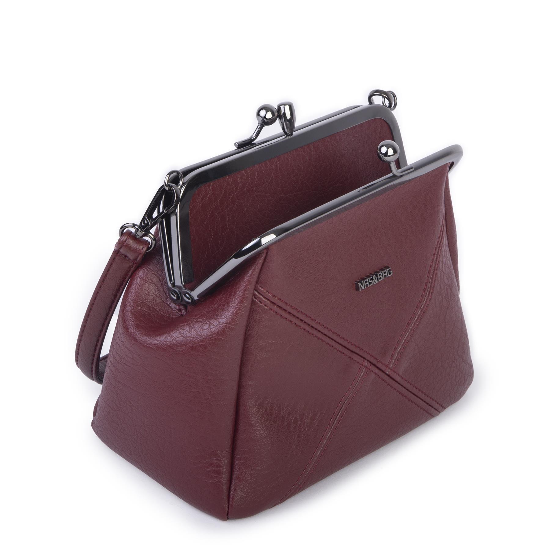 Nas Bag Mini Vintage Burslu Klipsli Kadın Omuz ve Çapraz Çanta Bordo Victoria  ( 20x17 cm)