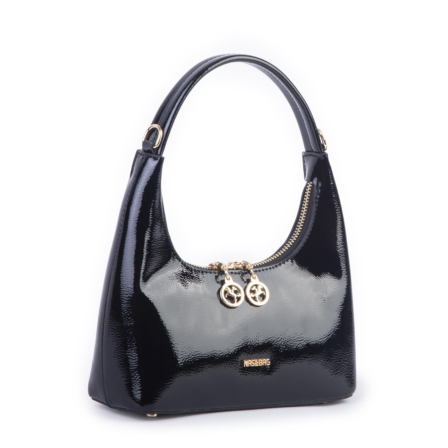 Nas Bag Mini Zincirli Omuz ve Çapraz Çanta Siyah Rugan