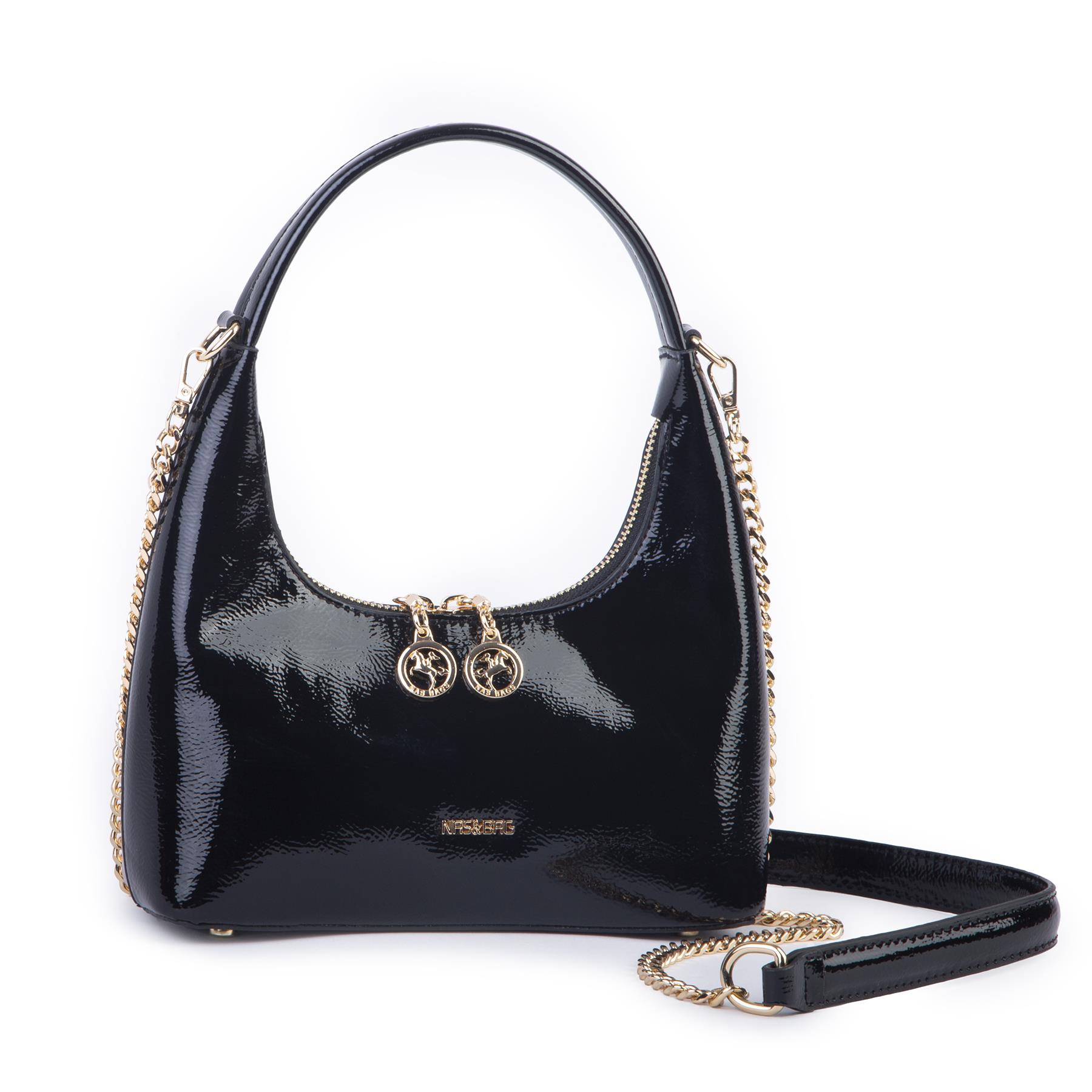 Nas Bag Mini Zincirli Omuz ve Çapraz Çanta Siyah Rugan