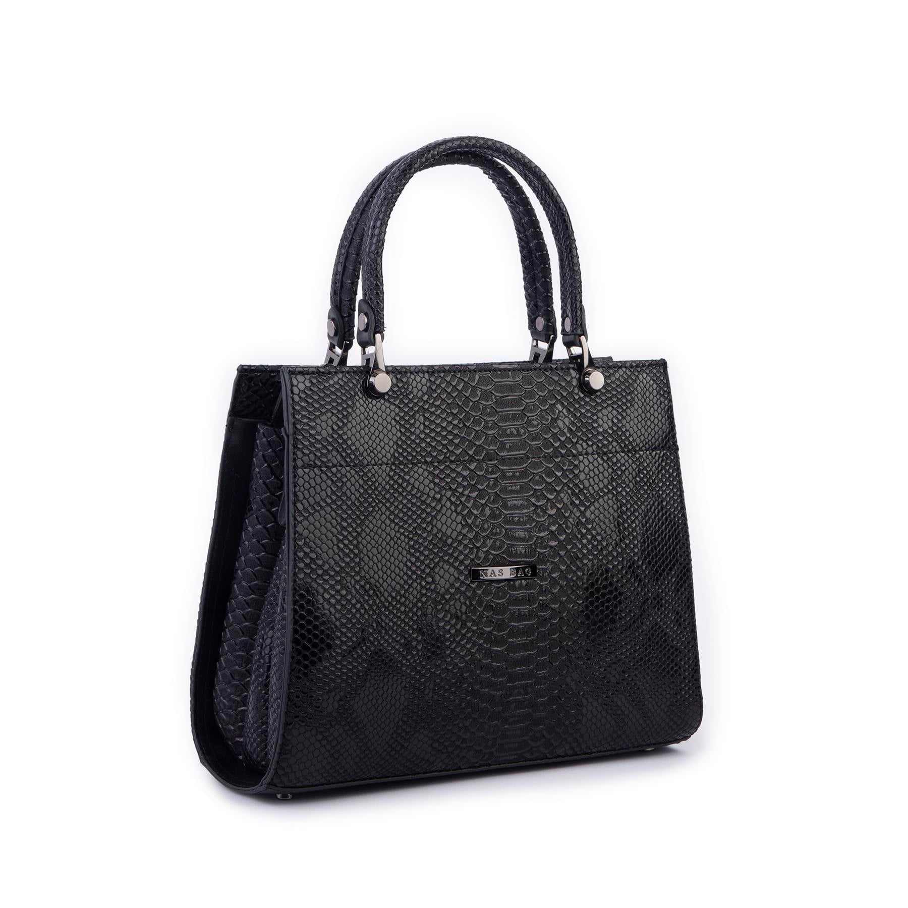 Nas Bag Orjinal Kadın El ve Omuz Çantası Klasik Şık Siyah Yılan (En :30 cm Boy:26cm)