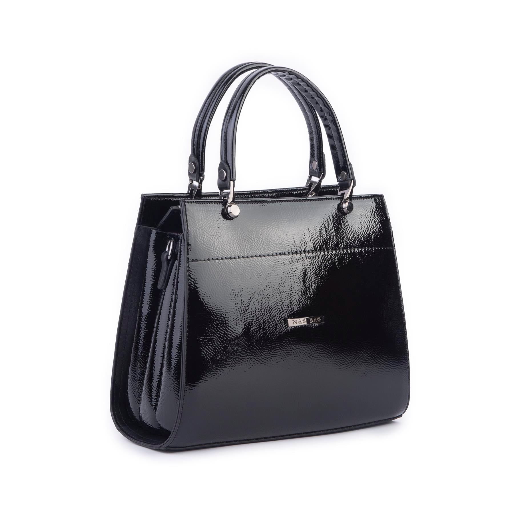 Nas Bag Orjinal Kadın El ve Omuz Çantası Klasik Şık Siyah Krsk Rugan (En :30 cm Boy:26cm)