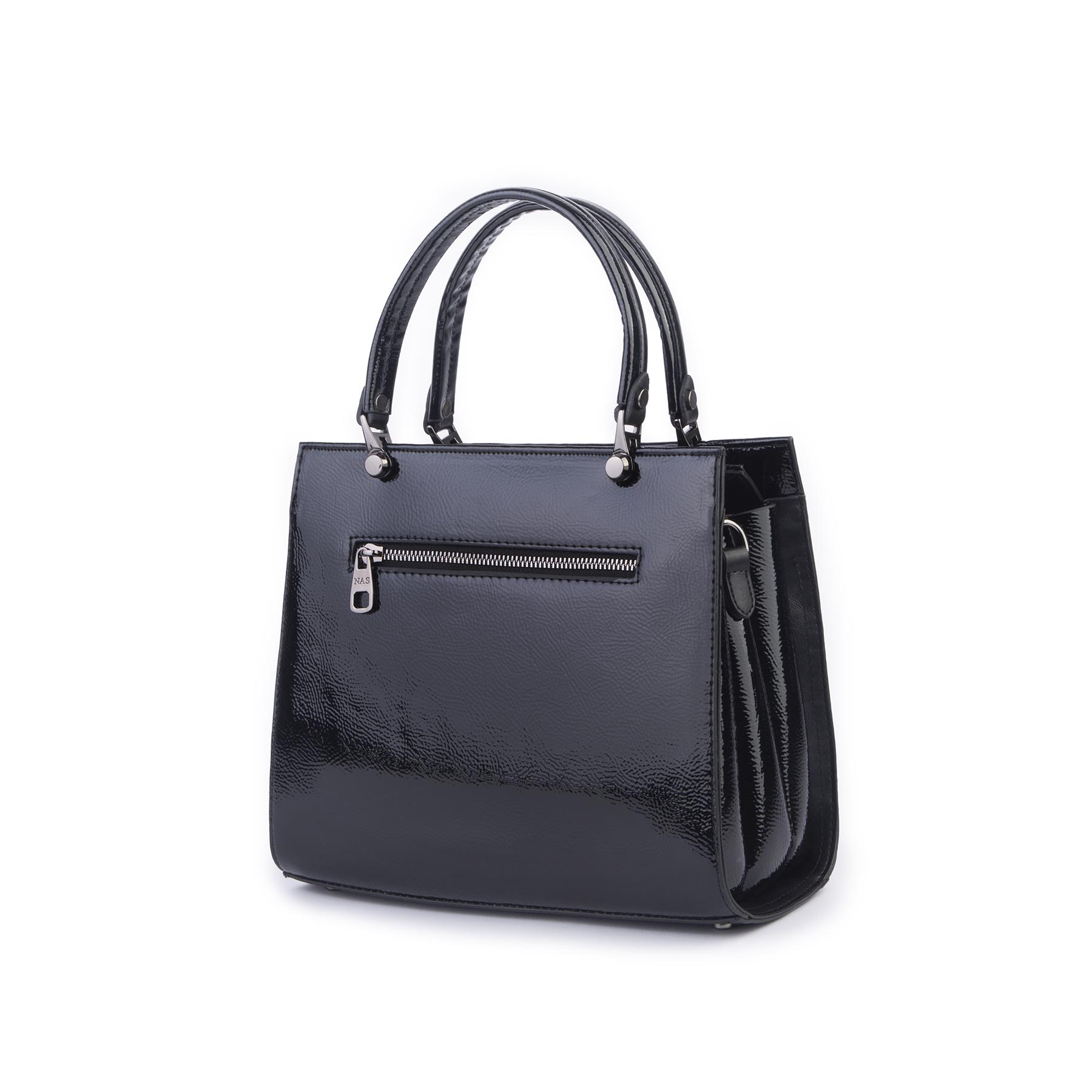 Nas Bag Orjinal Kadın El ve Omuz Çantası Klasik Şık Siyah Krsk Rugan (En :30 cm Boy:26cm)