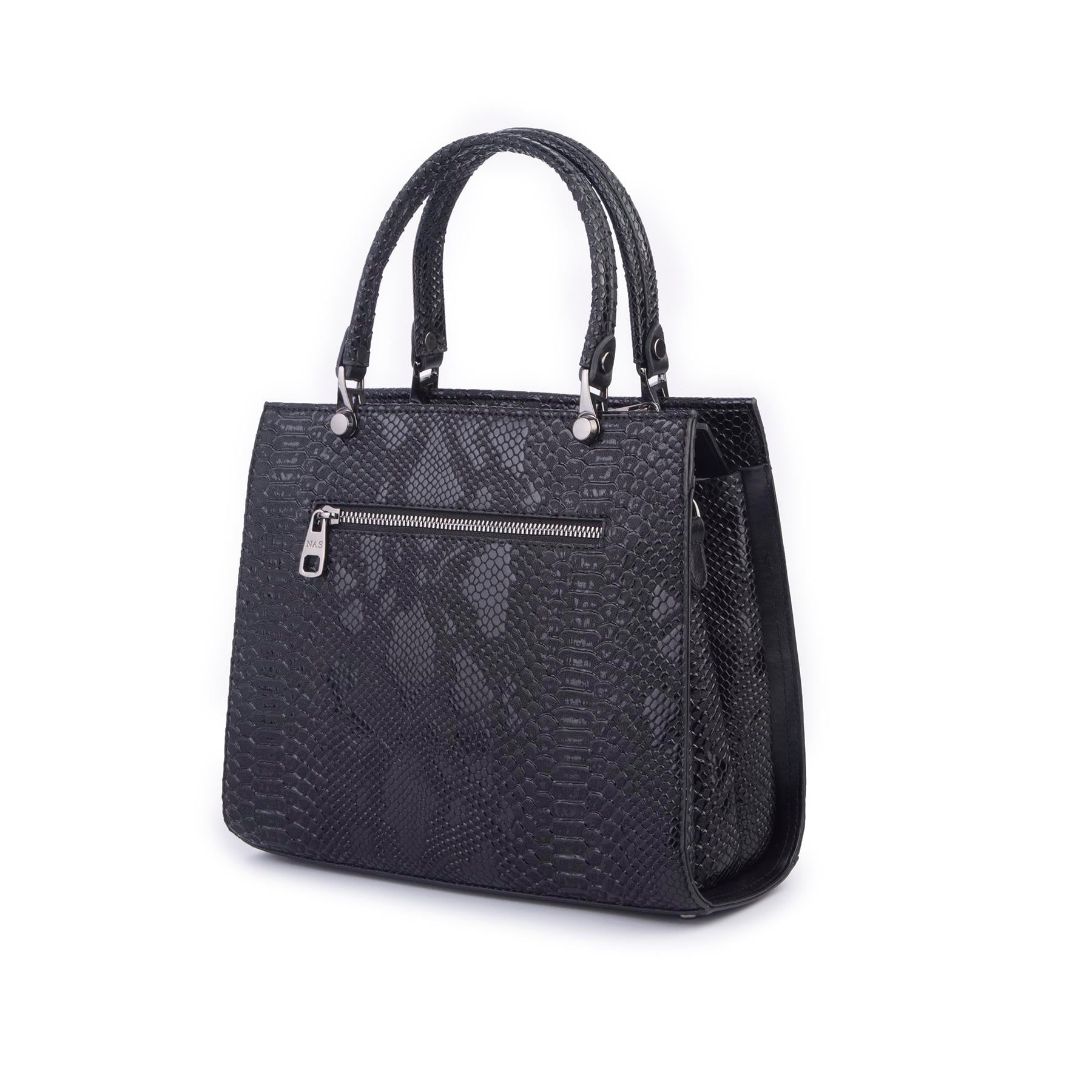 Nas Bag Orjinal Kadın El ve Omuz Çantası Klasik Şık Siyah Yılan (En :30 cm Boy:26cm)