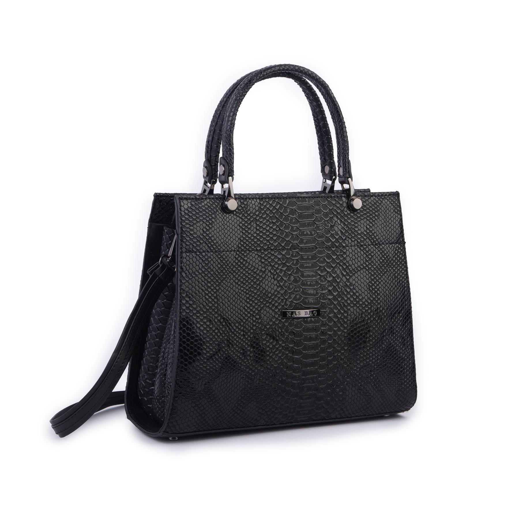 Nas Bag Orjinal Kadın El ve Omuz Çantası Klasik Şık Siyah Yılan (En :30 cm Boy:26cm)
