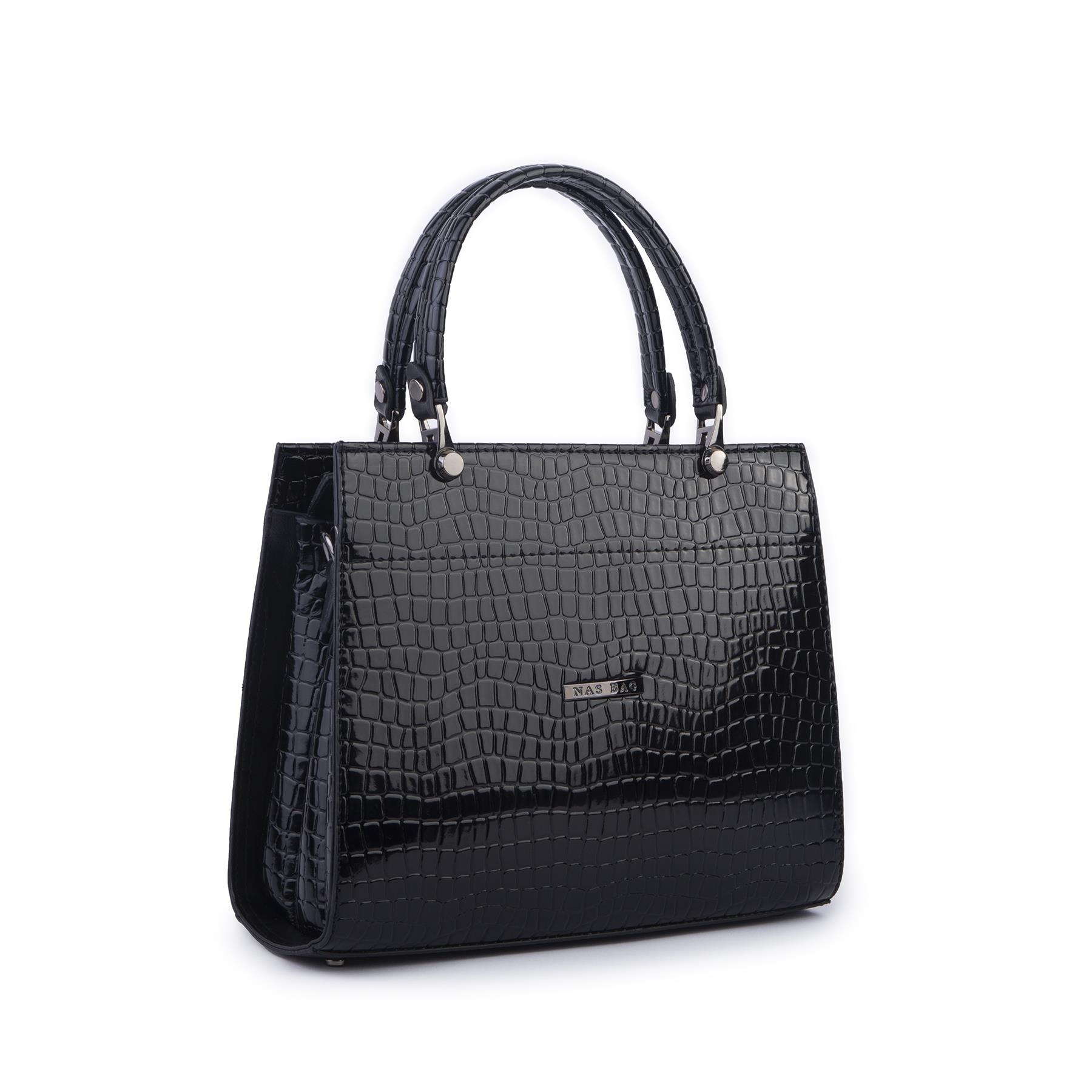 Nas Bag Orjinal Kadın El ve Omuz Çantası Klasik Şık Siyah Kroko (En :30 cm Boy:26cm)