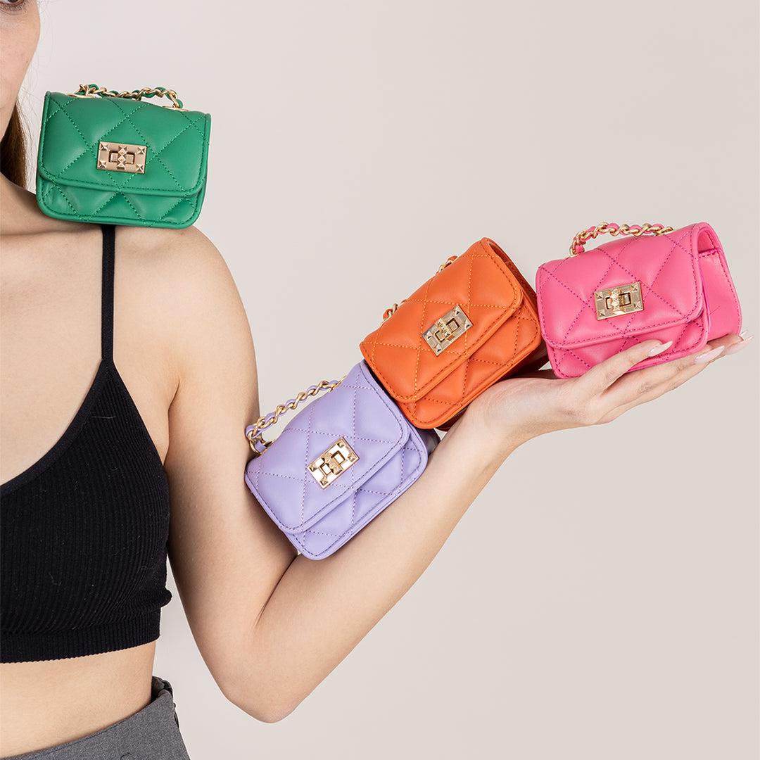 Nas Bag Orjinal Mini El ve Cüzdan Çanta Kapitone Zincir Detaylı Turuncu Dona