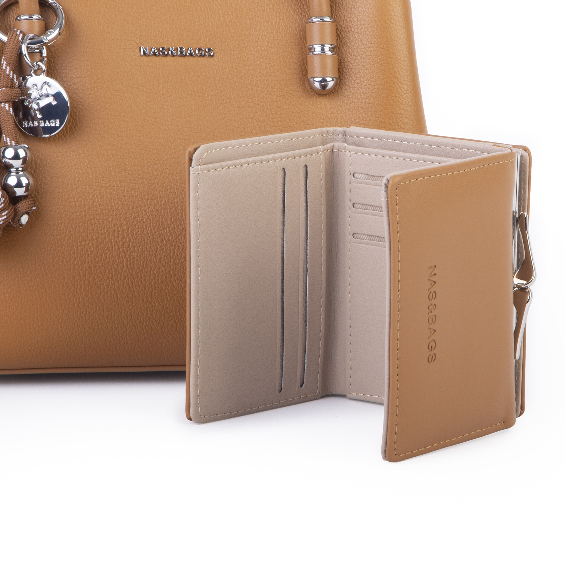Nas Bag Premium 2li set Çanta El Omuz ve Çapraz Çanta Cüzdan Taba