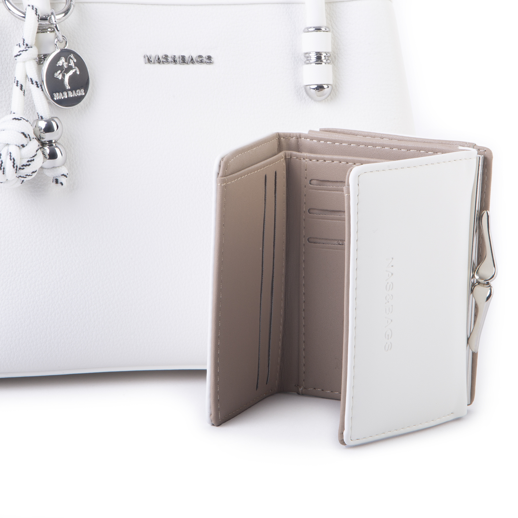 Nas Bag Premium 2li set Çanta El Omuz ve Çapraz Çanta Cüzdan Beyaz