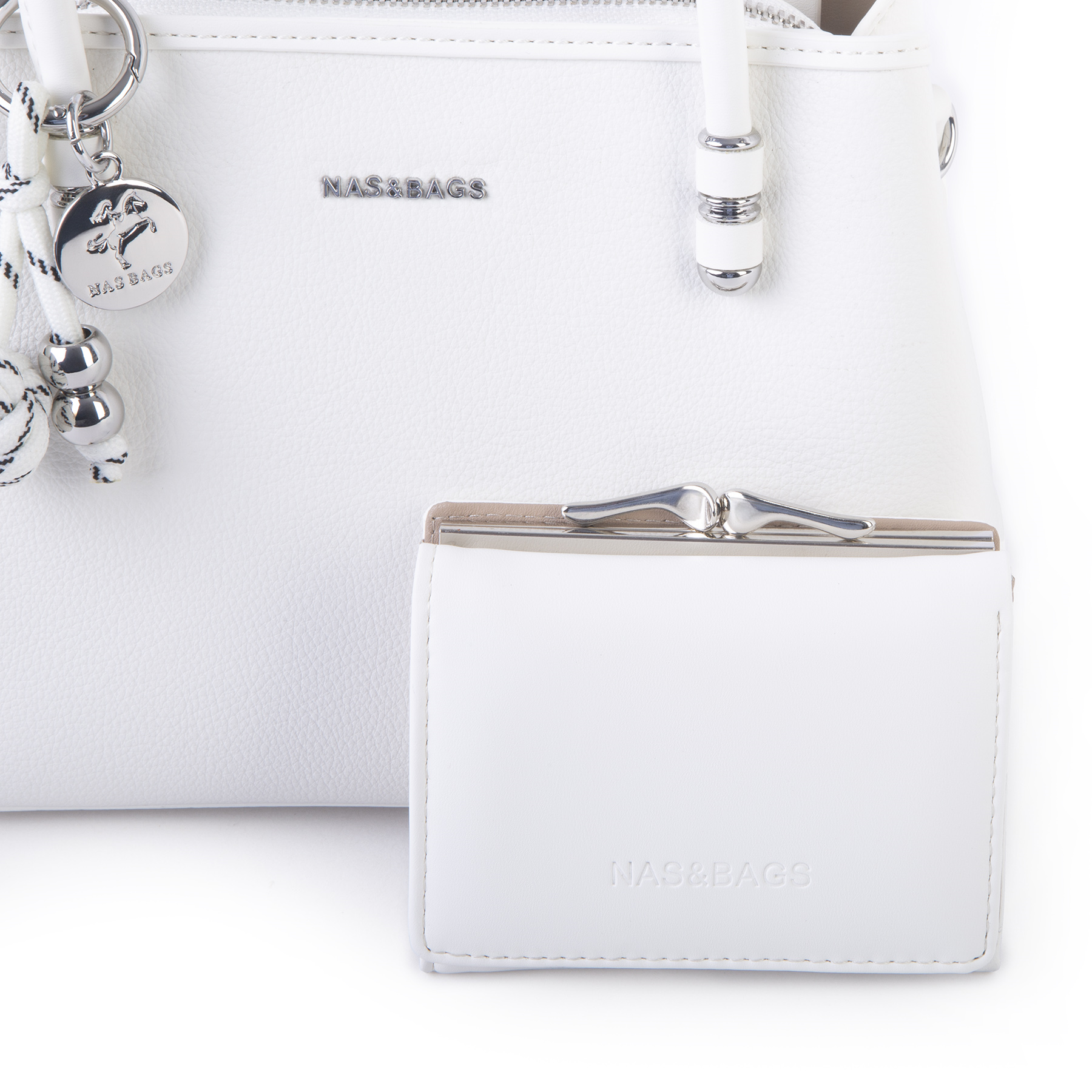 Nas Bag Premium 2li set Çanta El Omuz ve Çapraz Çanta Cüzdan Beyaz