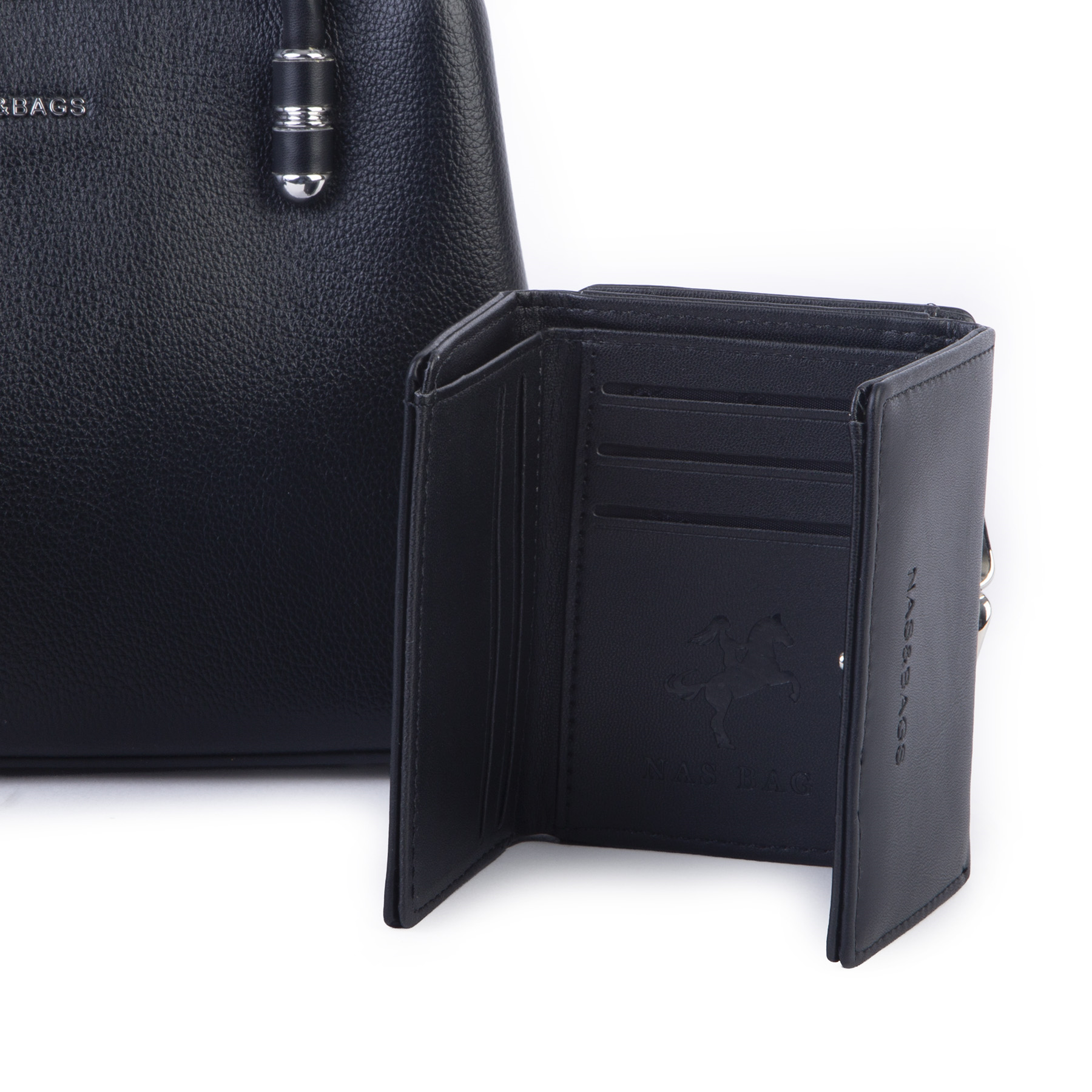 Nas Bag Premium 2li set Çanta El Omuz ve Çapraz Çanta Cüzdan Siyah