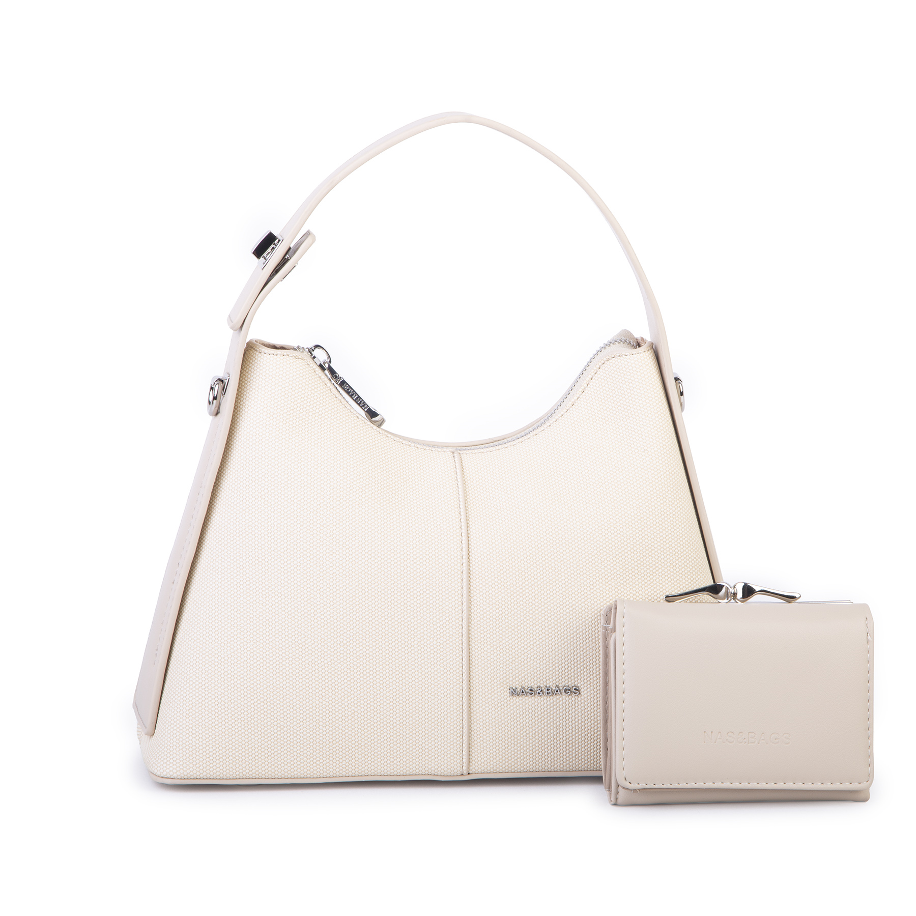 Nas Bag Premium 2li Set Kadın El Omuz ve Postacı Çantası ile Cüzdan Set Krem