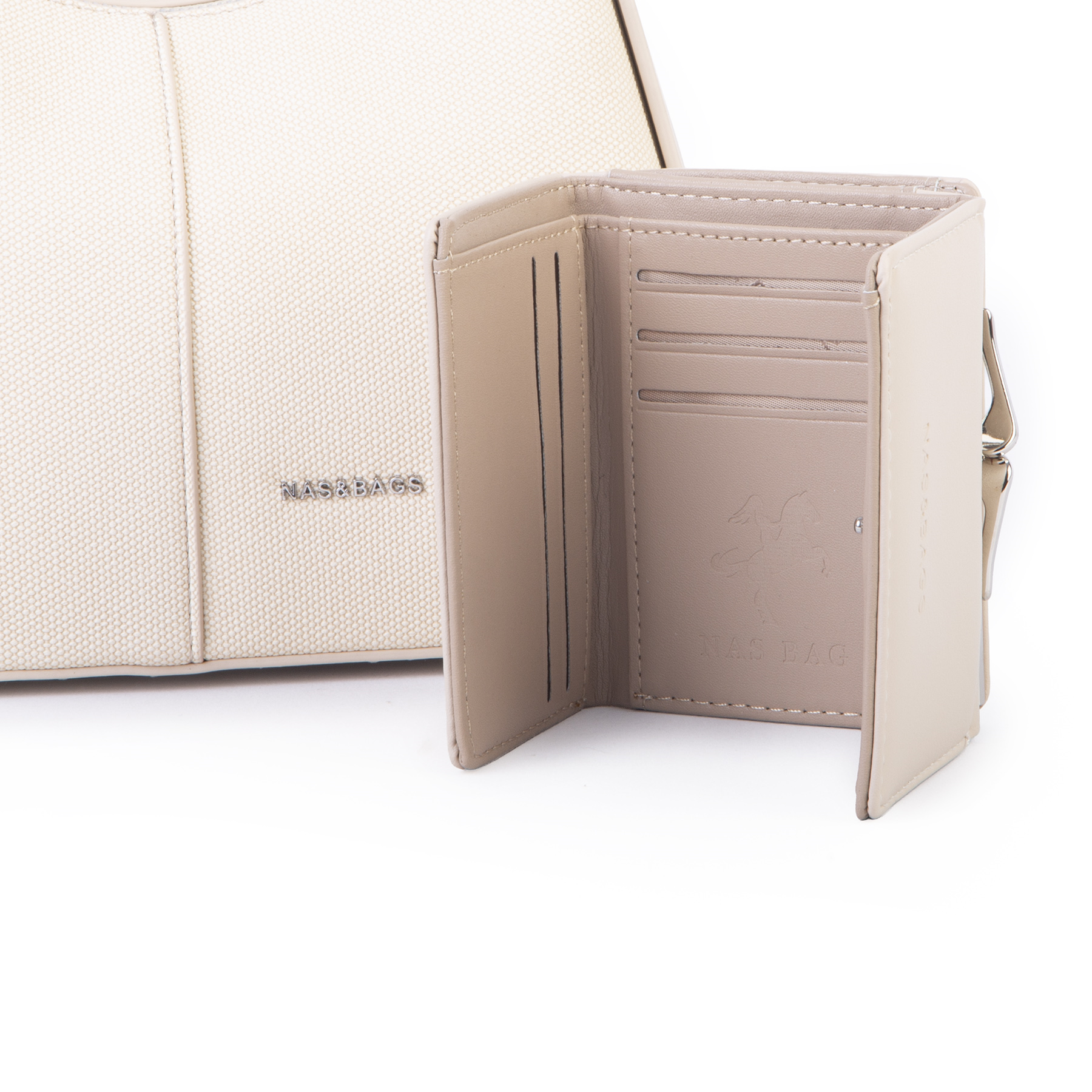 Nas Bag Premium 2li Set Kadın El Omuz ve Postacı Çantası ile Cüzdan Set Krem