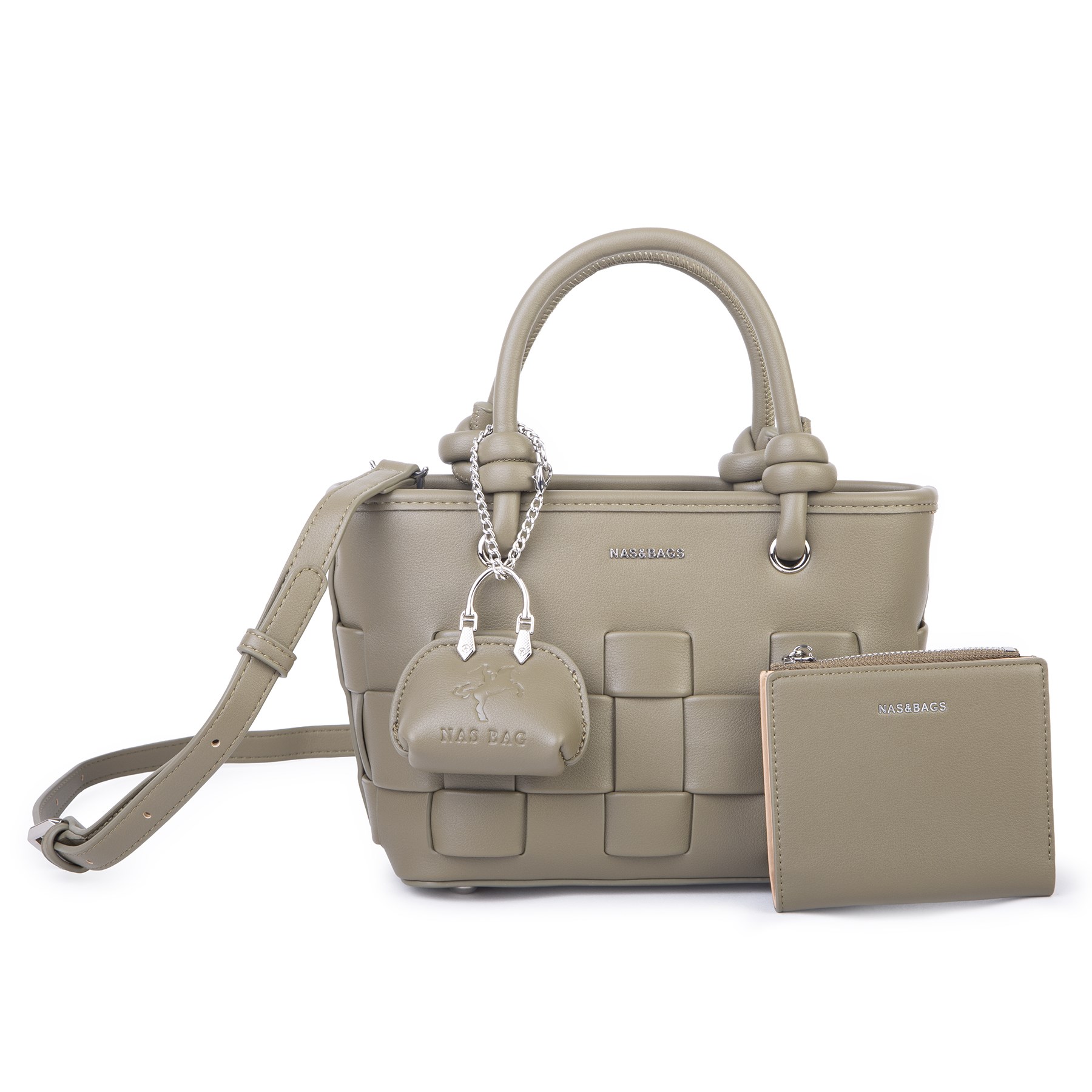 Nas Bag Mini Premium Şık Kadın 2 li Set ve Charmlı ve Cüzdanlı  El ve Çapraz Çanta Haki