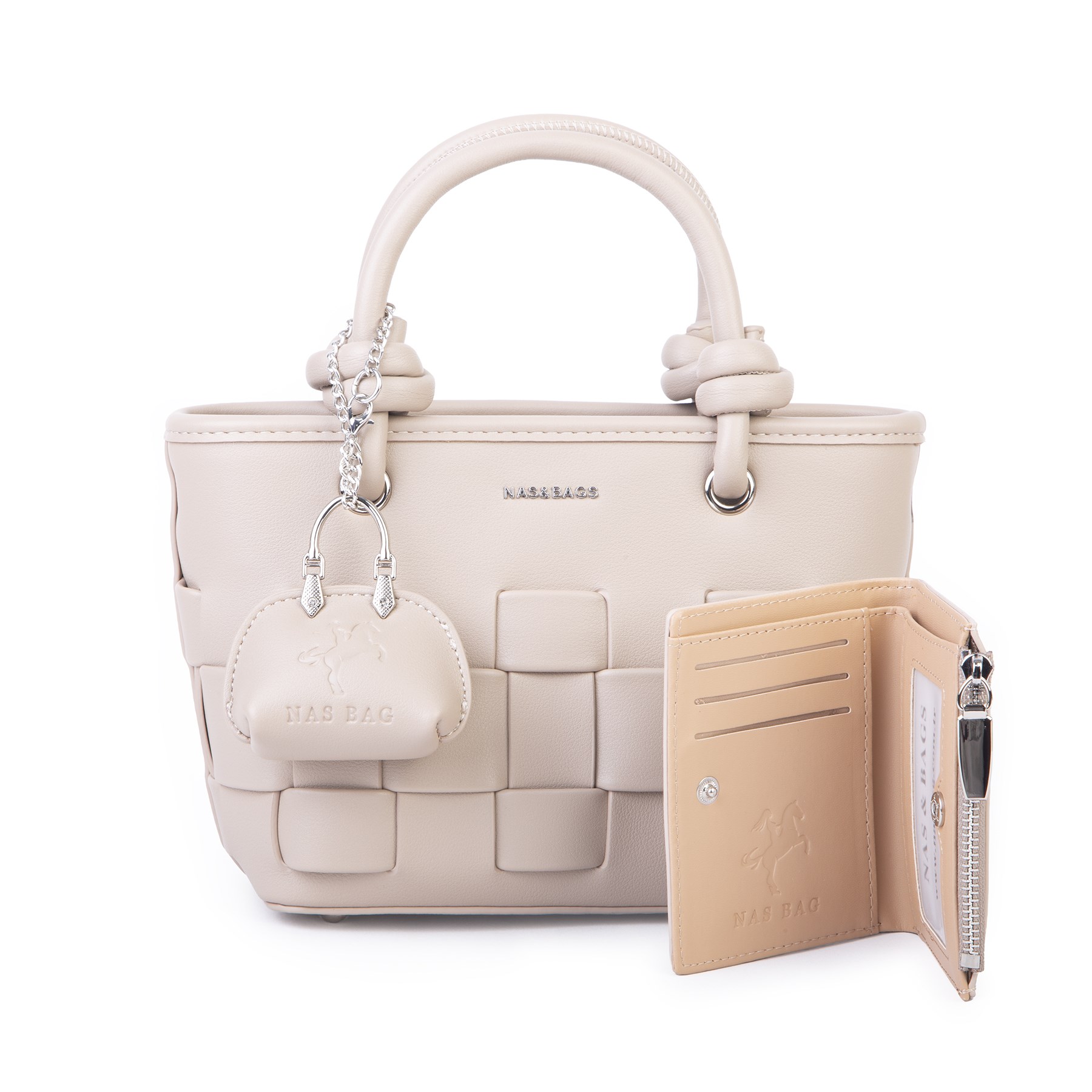 Nas Bag Mini Premium Şık Kadın 2 li Set ve Charmlı ve Cüzdanlı  El ve Çapraz Çanta Kum