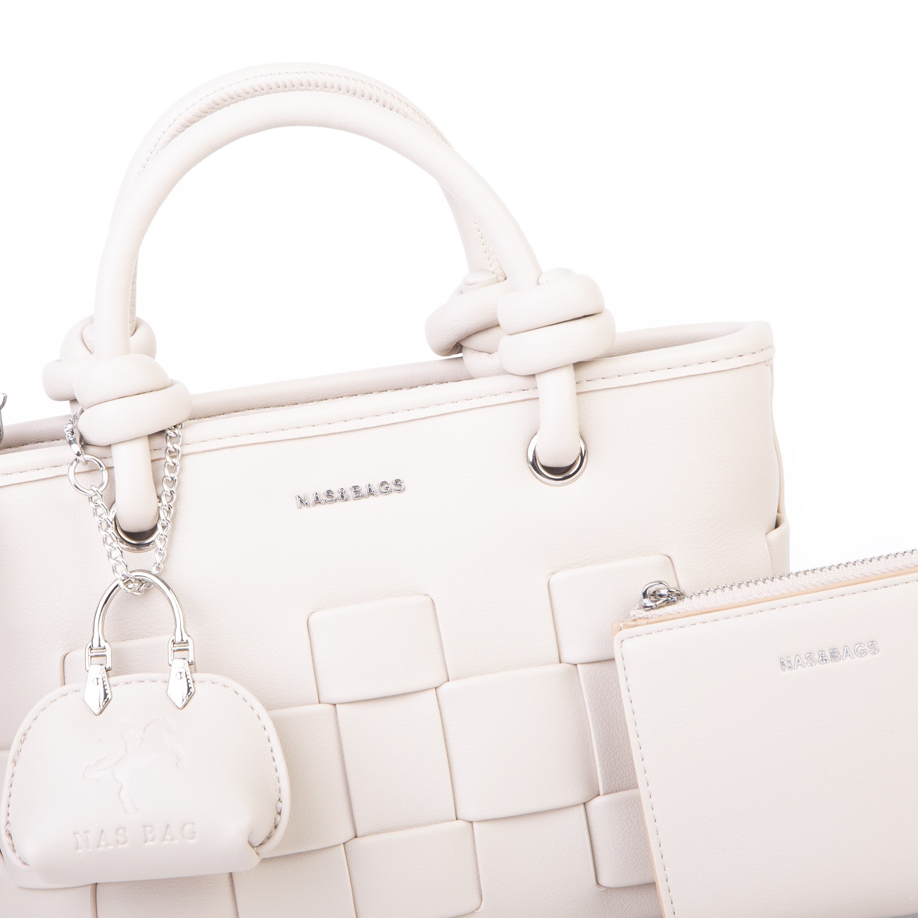 Nas Bag Mini Premium Şık Kadın 2 li Set ve Charmlı ve Cüzdanlı  El ve Çapraz Çanta Krem