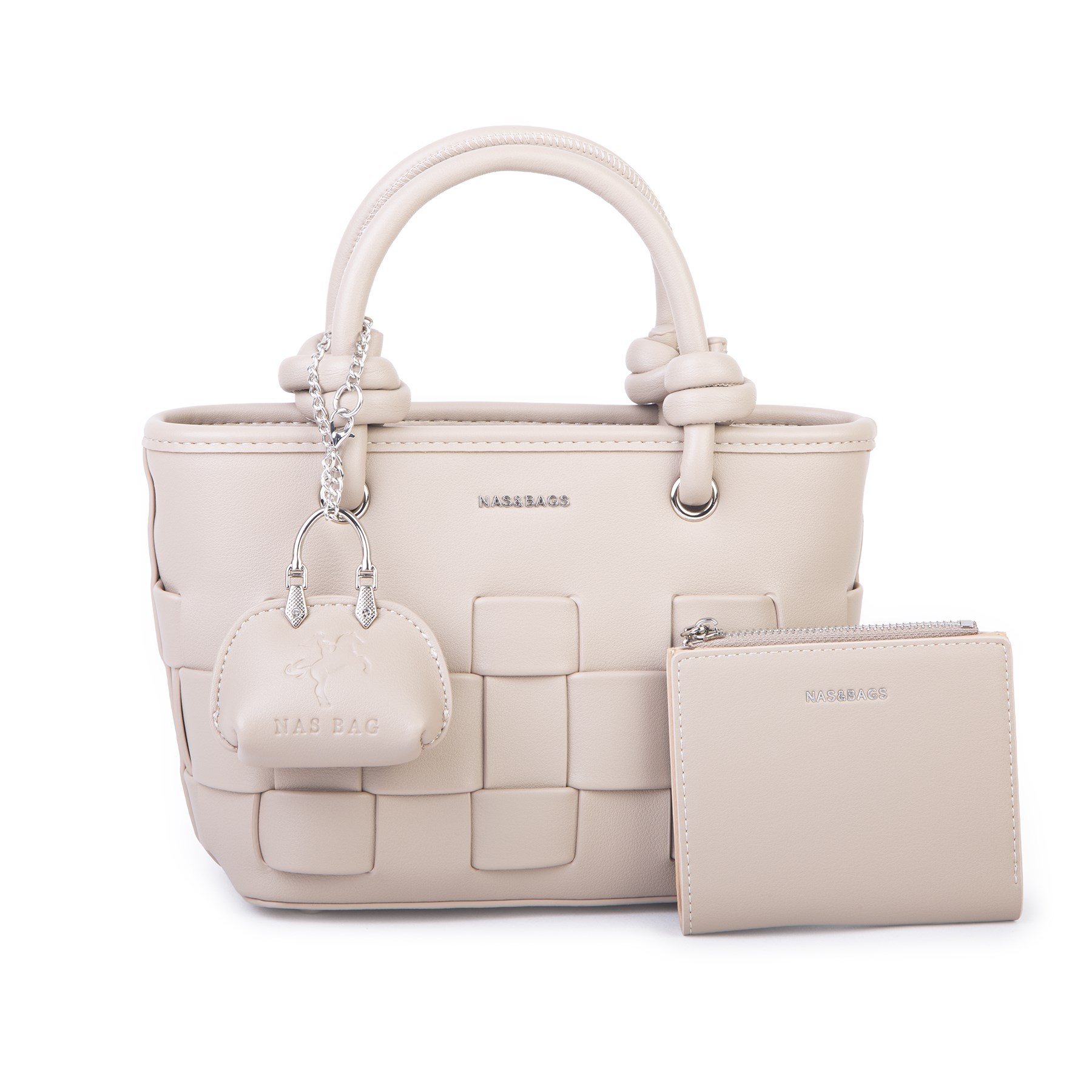 Nas Bag Mini Premium Şık Kadın 2 li Set ve Charmlı ve Cüzdanlı  El ve Çapraz Çanta Kum
