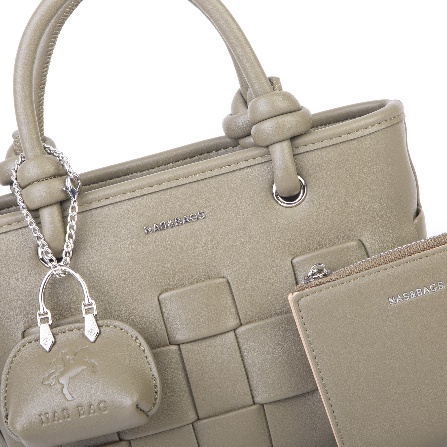 Nas Bag Mini Premium Şık Kadın 2 li Set ve Charmlı ve Cüzdanlı  El ve Çapraz Çanta Haki