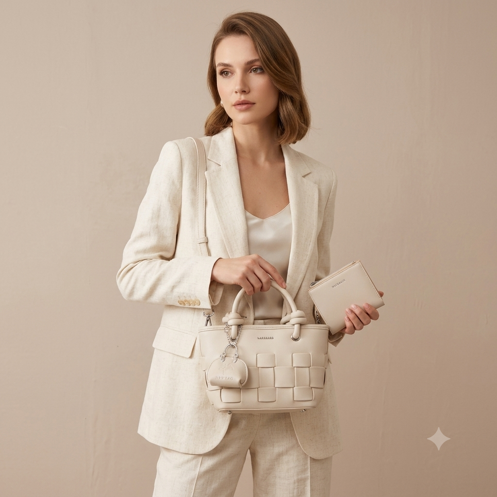 Nas Bag Mini Premium Şık Kadın 2 li Set ve Charmlı ve Cüzdanlı  El ve Çapraz Çanta Krem