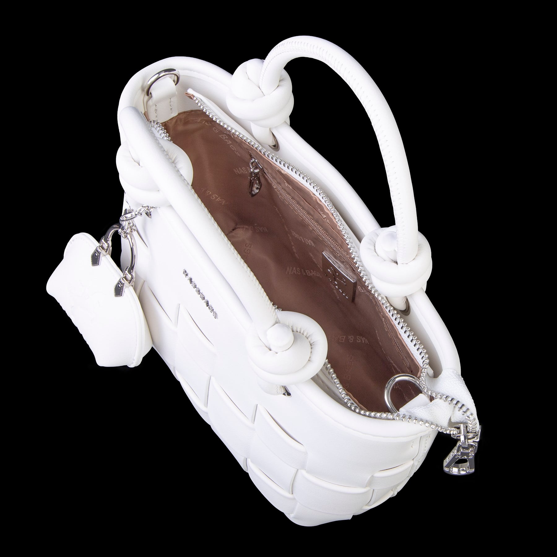 Nas Bag Mini Premium Şık Kadın 2 li Set ve Charmlı ve Cüzdanlı  El ve Çapraz Çanta Beyaz