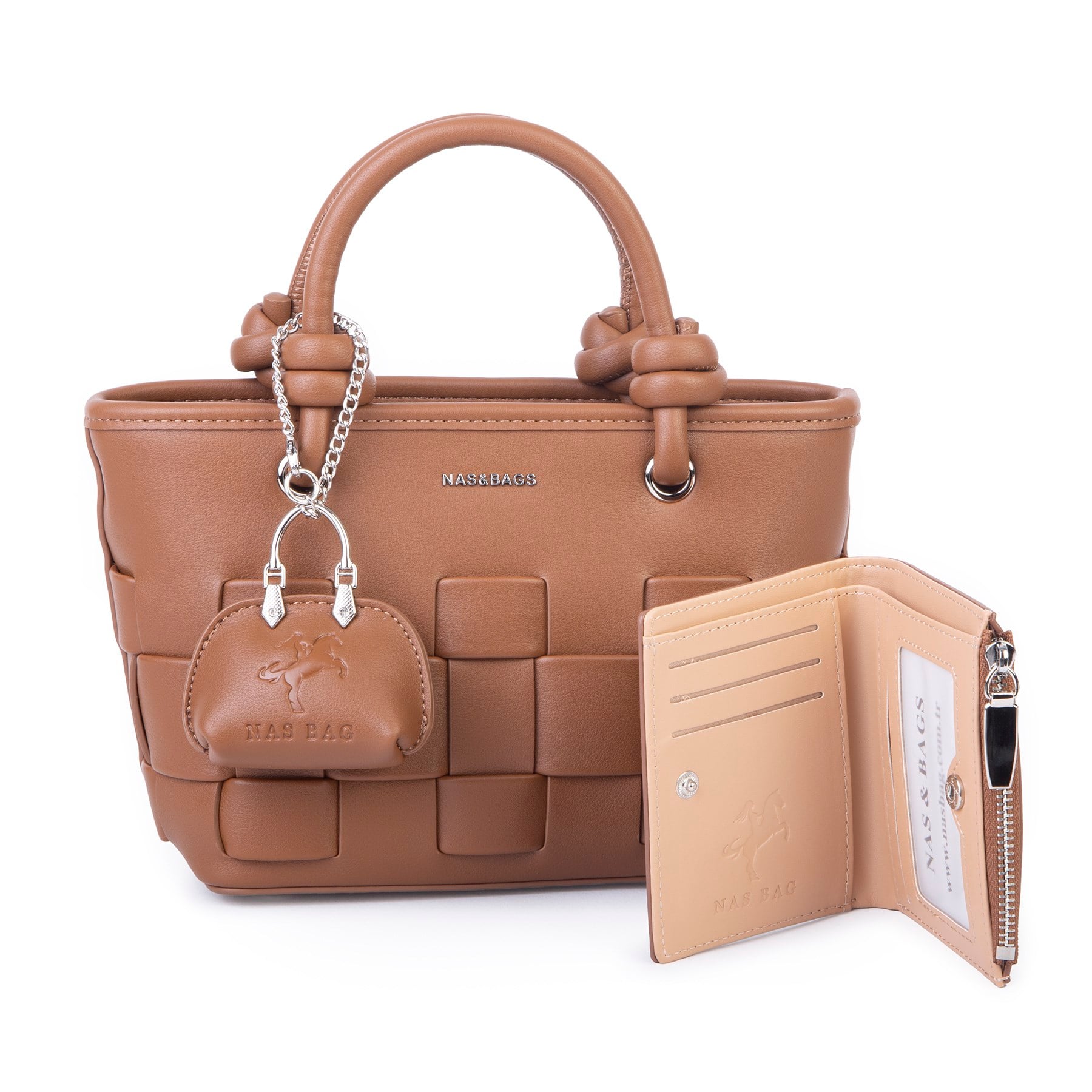 Nas Bag Mini Premium Şık Örgü Detaylı Kadın 2 li Set ve Charmlı ve Cüzdanlı  El ve Çapraz Çanta Taba