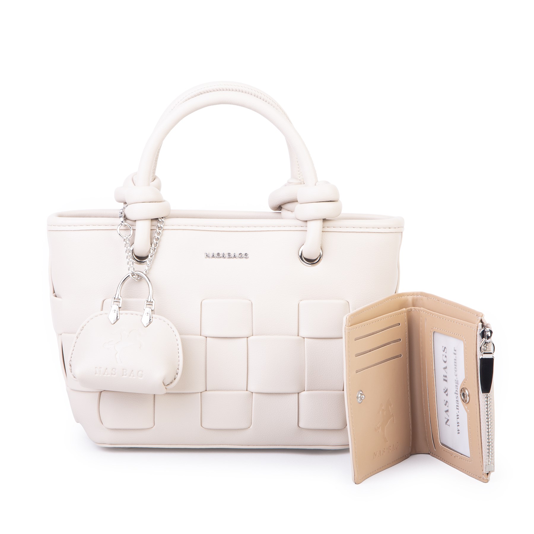 Nas Bag Mini Premium Şık Kadın 2 li Set ve Charmlı ve Cüzdanlı  El ve Çapraz Çanta Krem