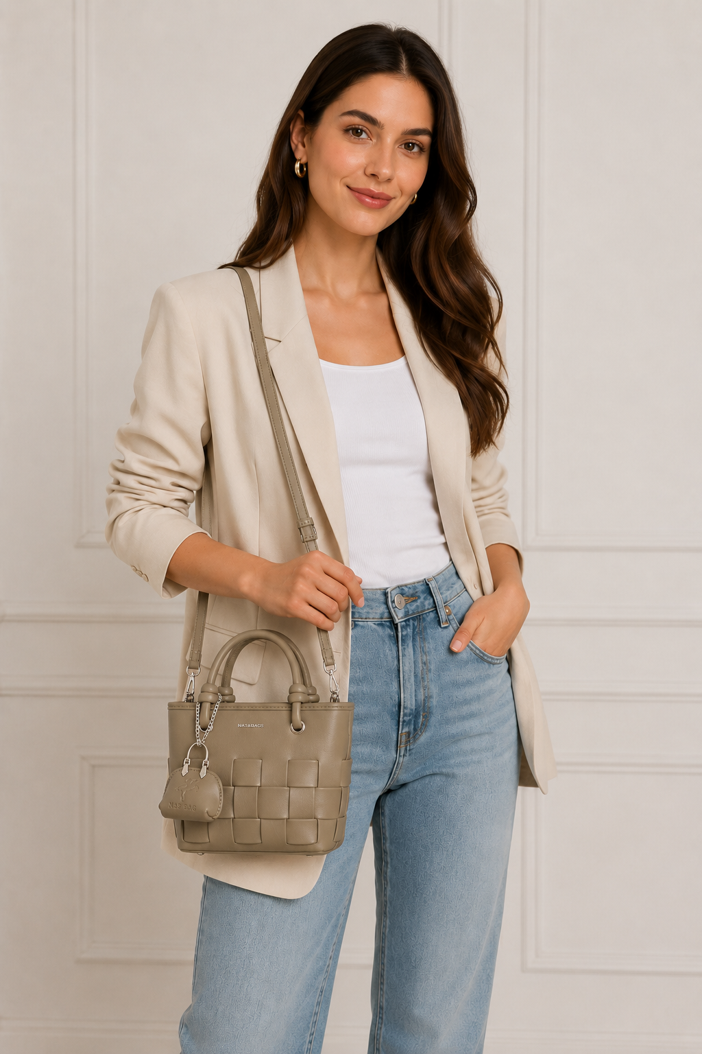 Nas Bag Mini Premium Şık Kadın 2 li Set ve Charmlı ve Cüzdanlı  El ve Çapraz Çanta Haki