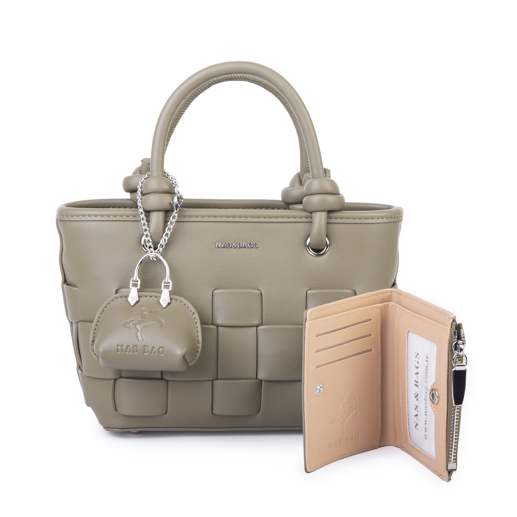Nas Bag Mini Premium Şık Kadın 2 li Set ve Charmlı ve Cüzdanlı  El ve Çapraz Çanta Haki