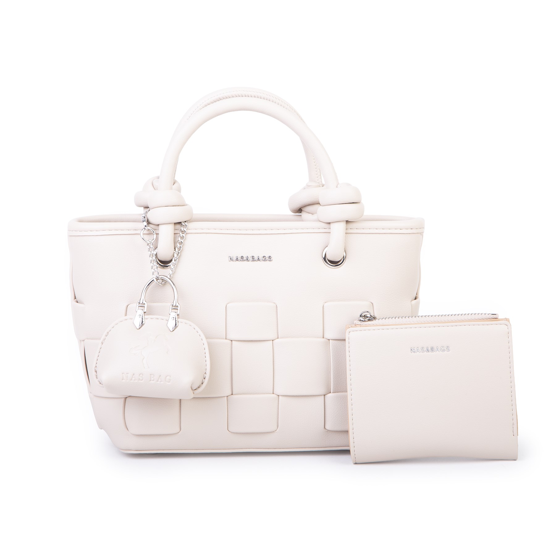 Nas Bag Mini Premium Şık Kadın 2 li Set ve Charmlı ve Cüzdanlı  El ve Çapraz Çanta Krem