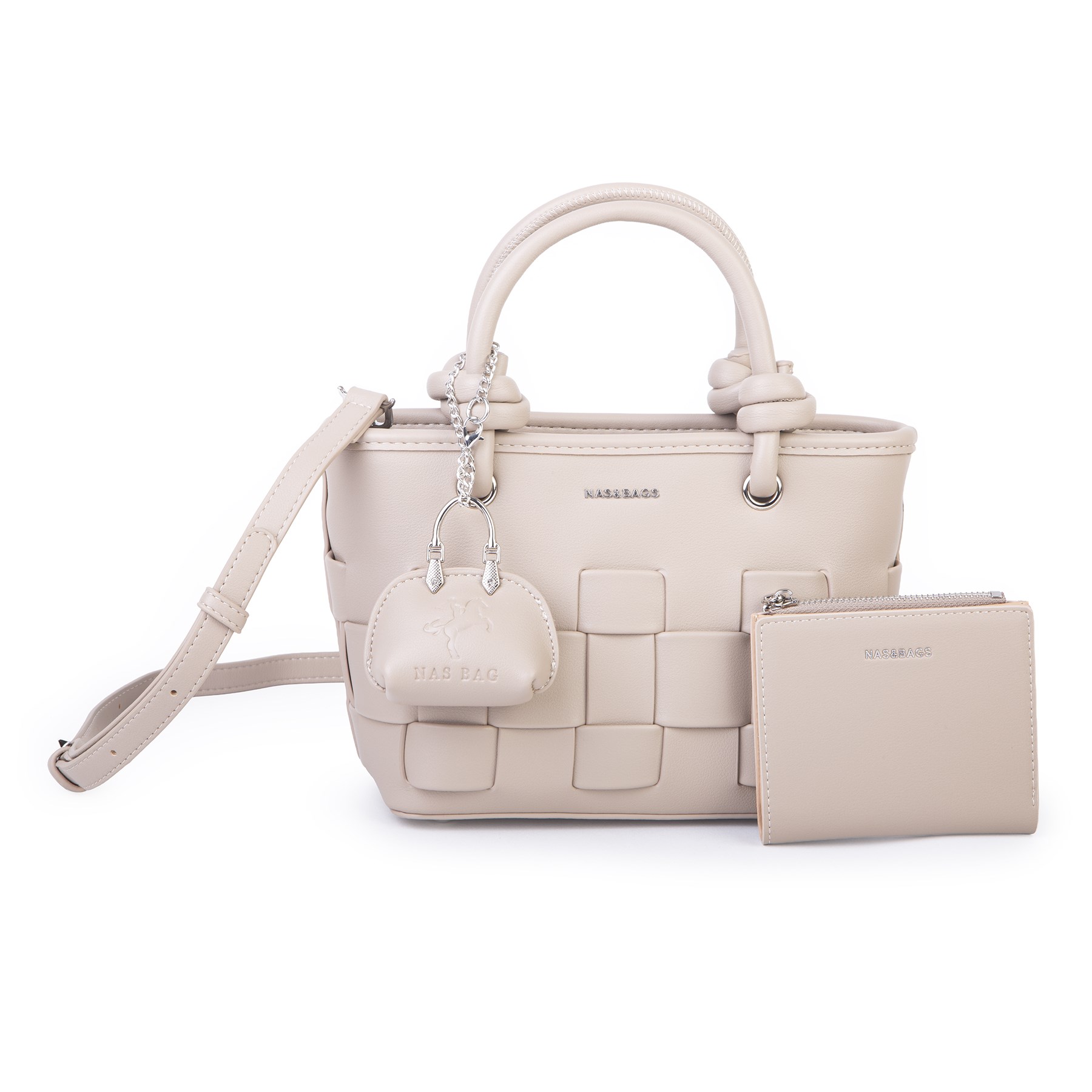 Nas Bag Mini Premium Şık Kadın 2 li Set ve Charmlı ve Cüzdanlı  El ve Çapraz Çanta Kum