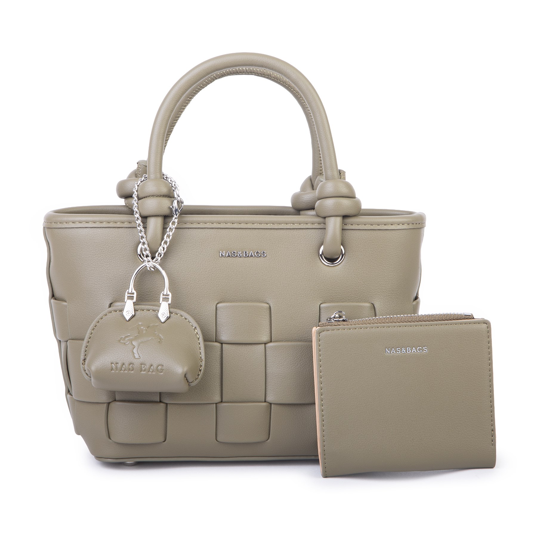 Nas Bag Mini Premium Şık Kadın 2 li Set ve Charmlı ve Cüzdanlı  El ve Çapraz Çanta Haki