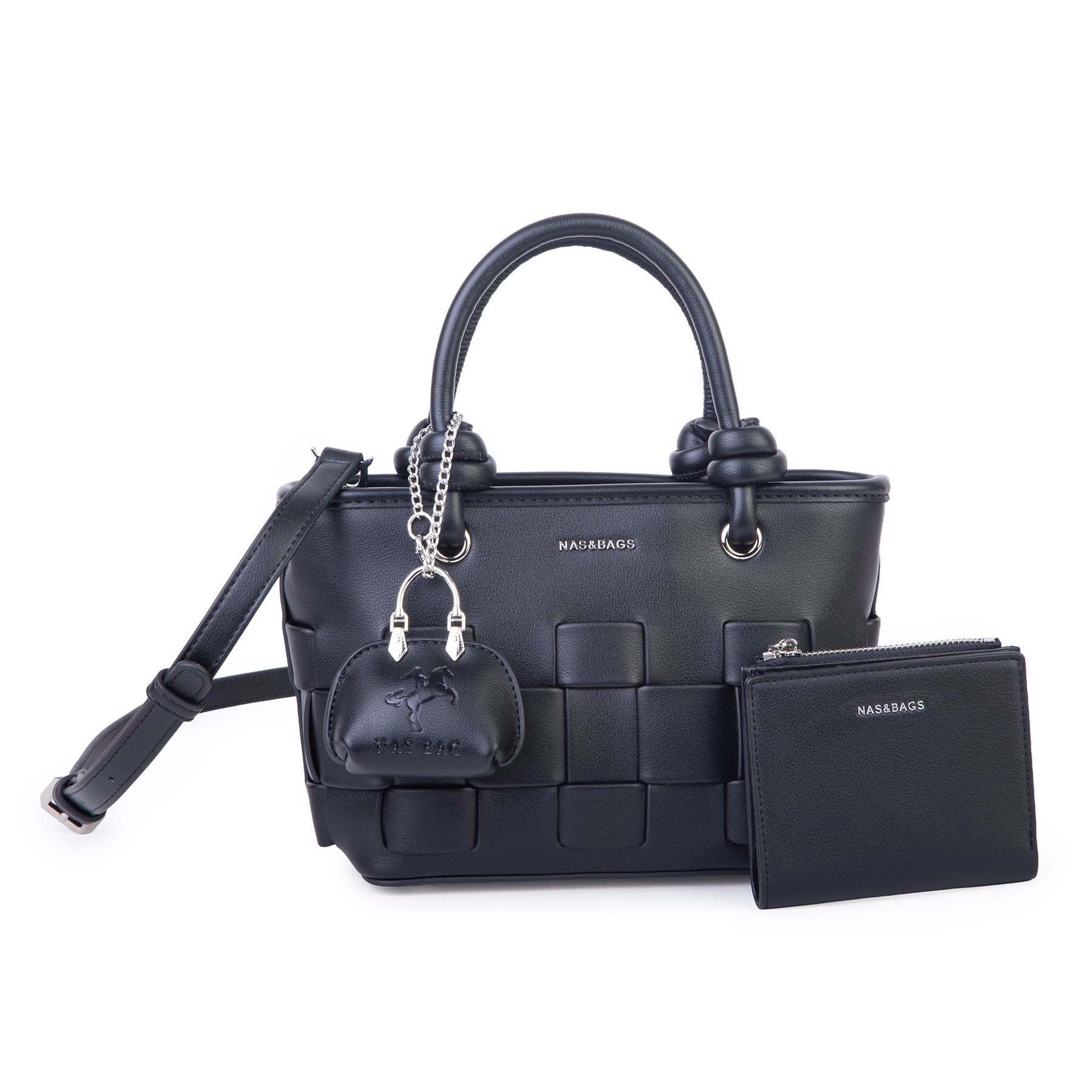 Nas Bag Mini Premium Şık Kadın 2 li Set ve Charmlı ve Cüzdanlı  El ve Çapraz Çanta Siyah