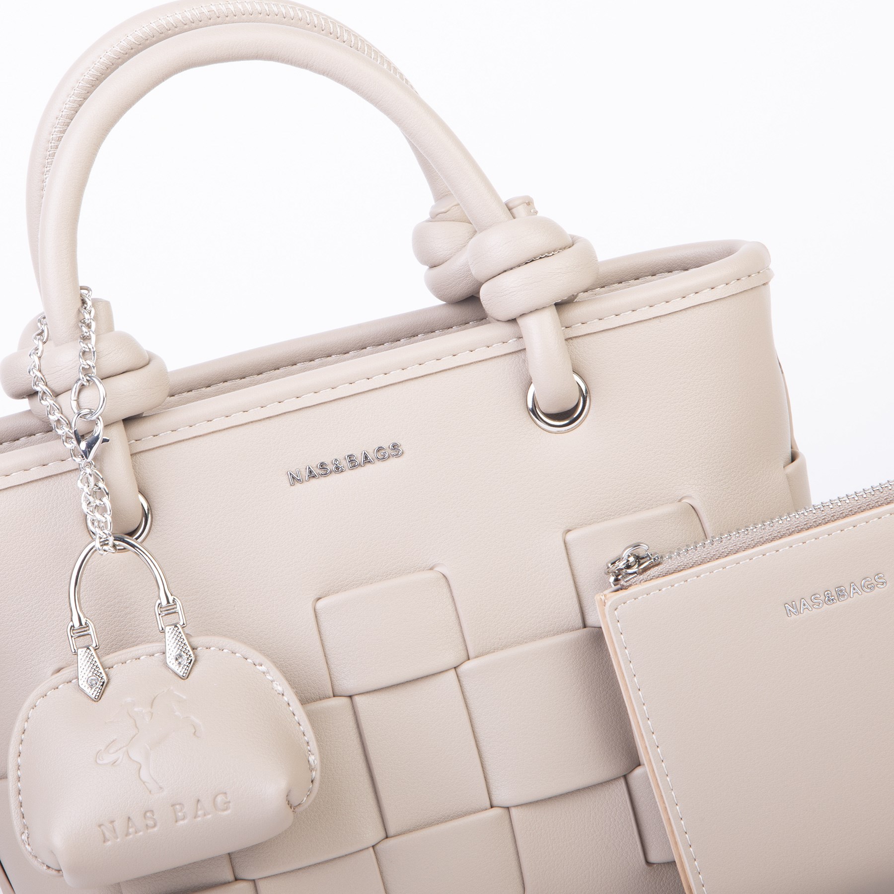Nas Bag Mini Premium Şık Kadın 2 li Set ve Charmlı ve Cüzdanlı  El ve Çapraz Çanta Kum