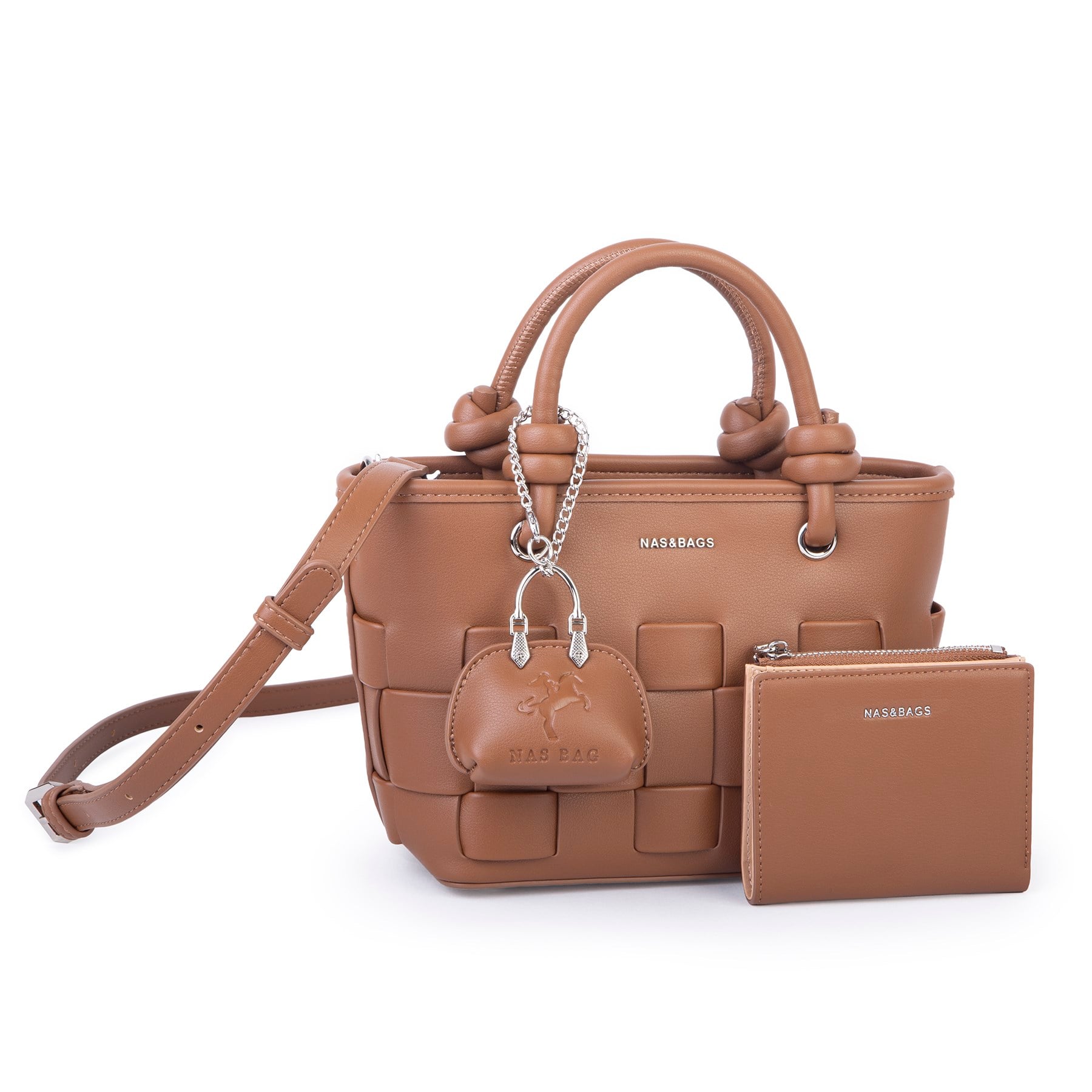 Nas Bag Mini Premium Şık Örgü Detaylı Kadın 2 li Set ve Charmlı ve Cüzdanlı  El ve Çapraz Çanta Taba