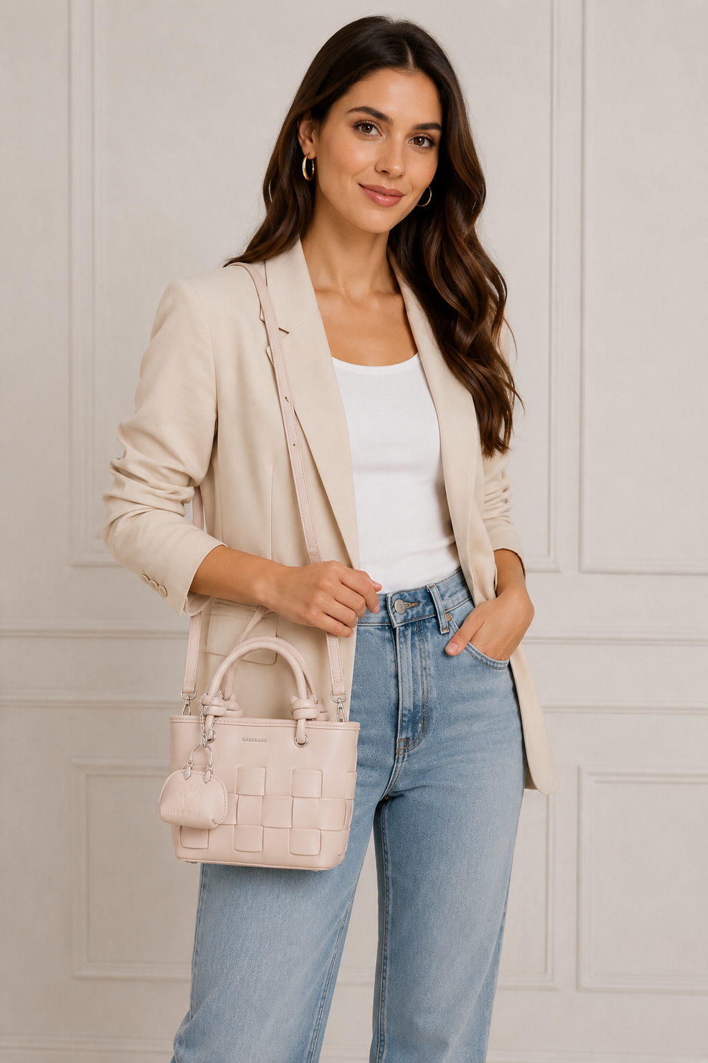 Nas Bag Mini Premium Şık Kadın 2 li Set ve Charmlı ve Cüzdanlı  El ve Çapraz Çanta Kum