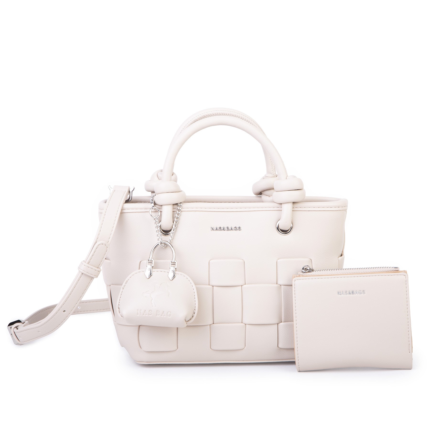 Nas Bag Mini Premium Şık Kadın 2 li Set ve Charmlı ve Cüzdanlı  El ve Çapraz Çanta Krem
