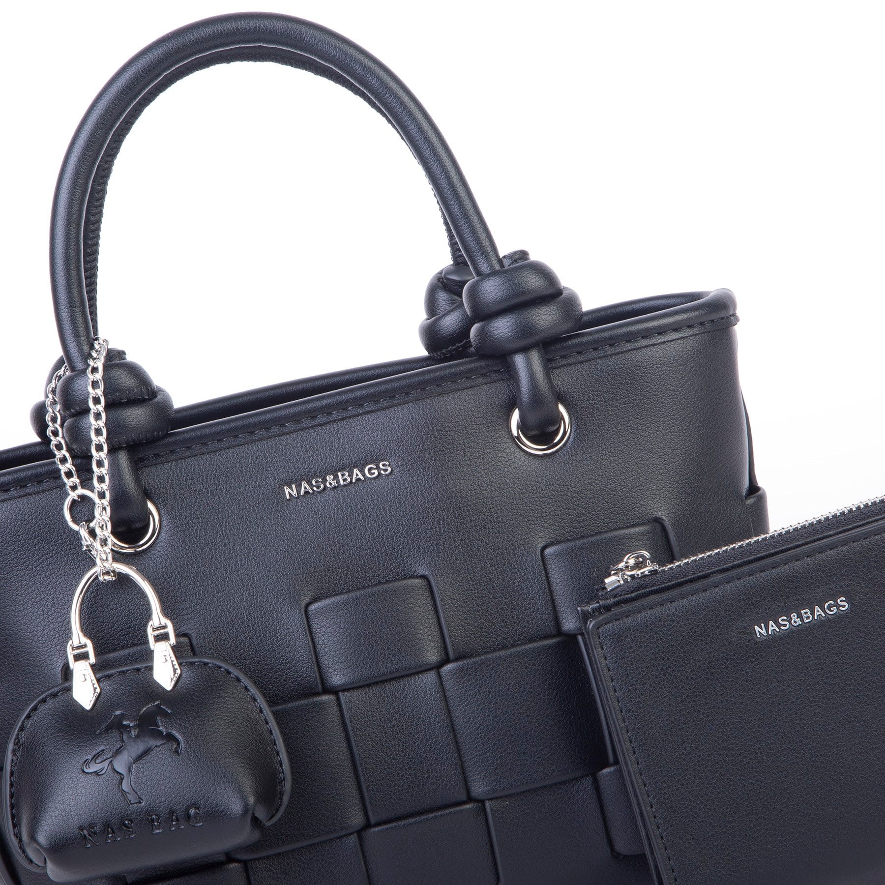 Nas Bag Mini Premium Şık Kadın 2 li Set ve Charmlı ve Cüzdanlı  El ve Çapraz Çanta Siyah