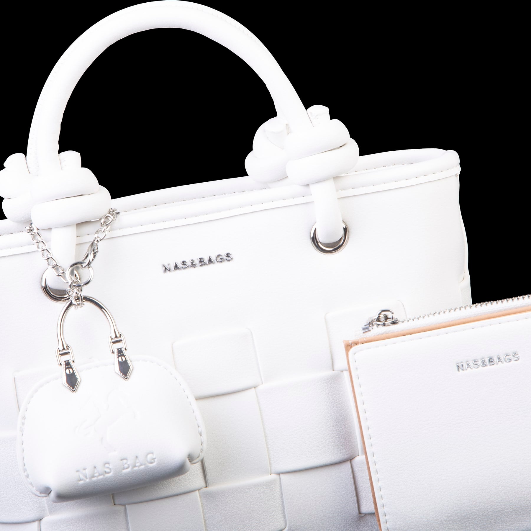 Nas Bag Mini Premium Şık Kadın 2 li Set ve Charmlı ve Cüzdanlı  El ve Çapraz Çanta Beyaz