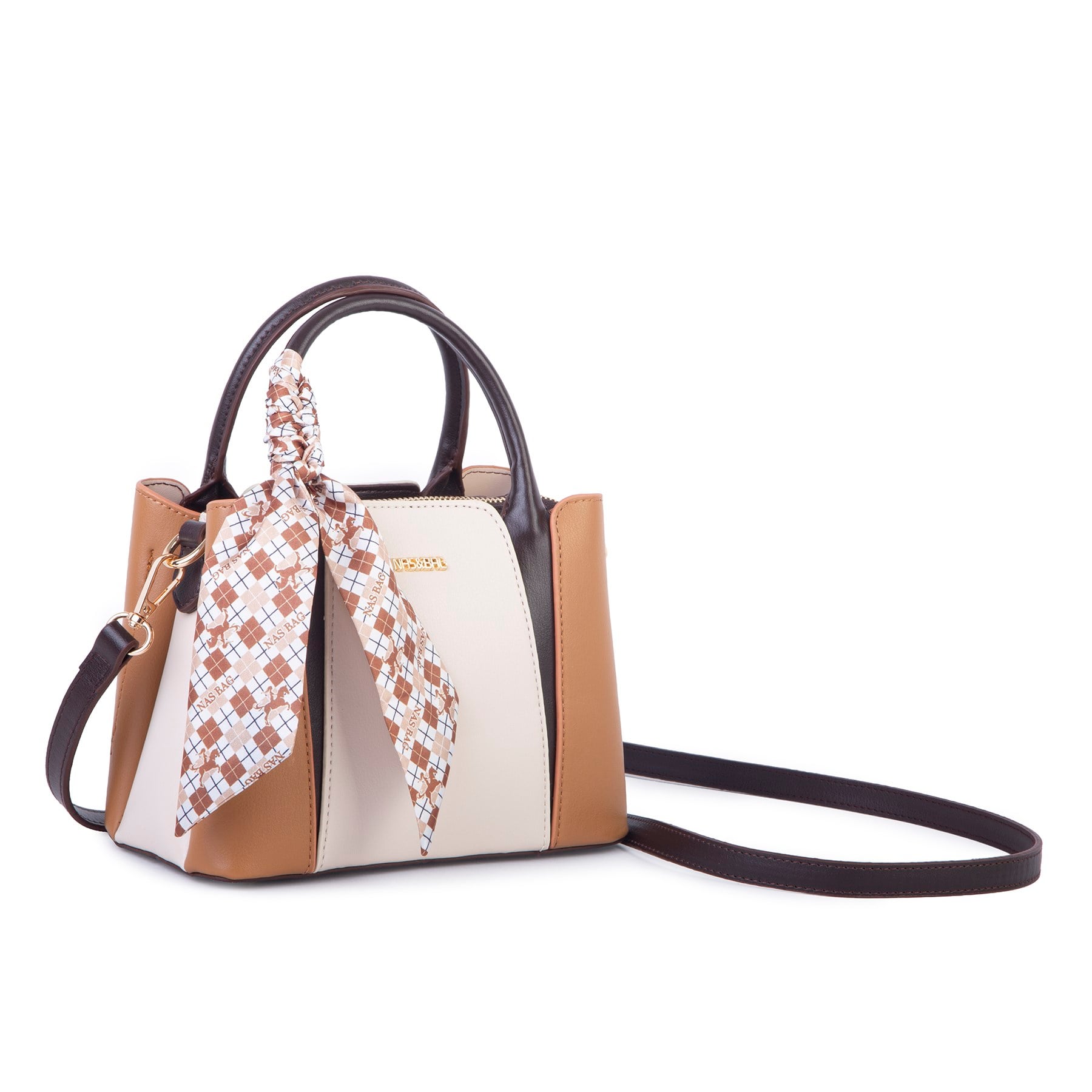 Nas Bag Şık Fularlı Mini  El ve Omuz Çantası Krem Camel Calven