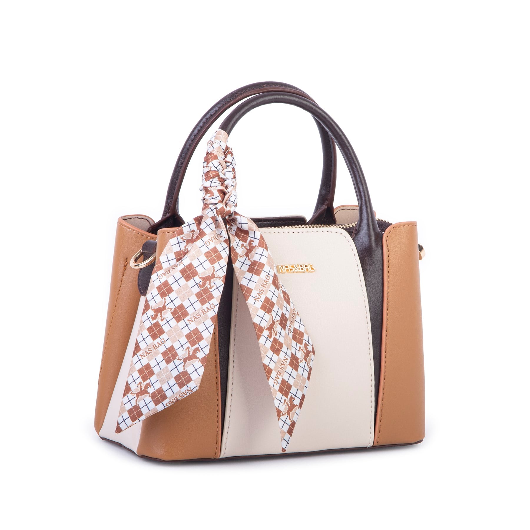 Nas Bag Şık Fularlı Mini  El ve Omuz Çantası Krem Camel Calven