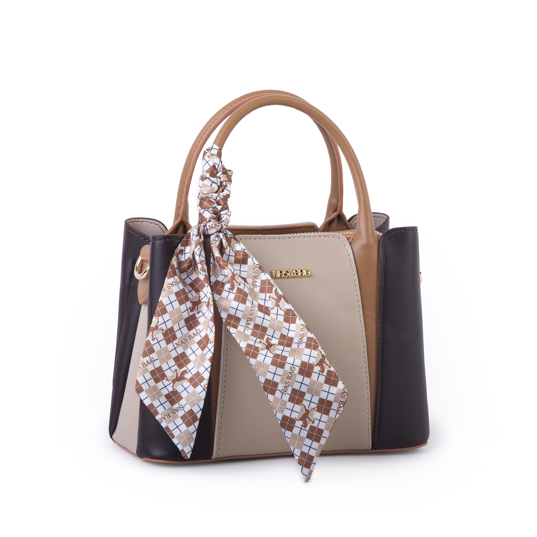 Nas Bag Şık Fularlı Mini Multi Color El ve Omuz Çantası Kahve Kum Taba Victoria
