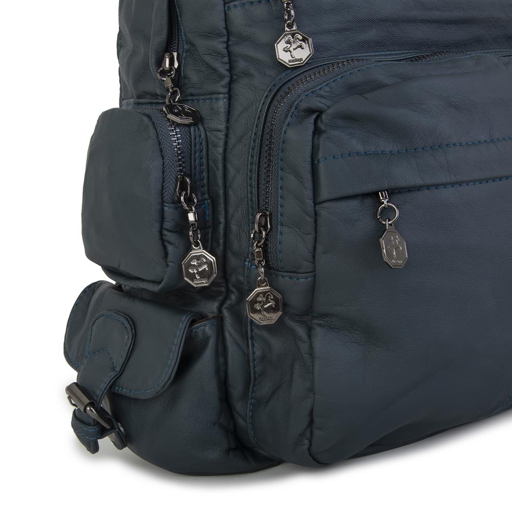 Nas Bag Yıkanmış Deri Çok Gözlü Yumuşak Dokulu Sırt Çantası Lacivert