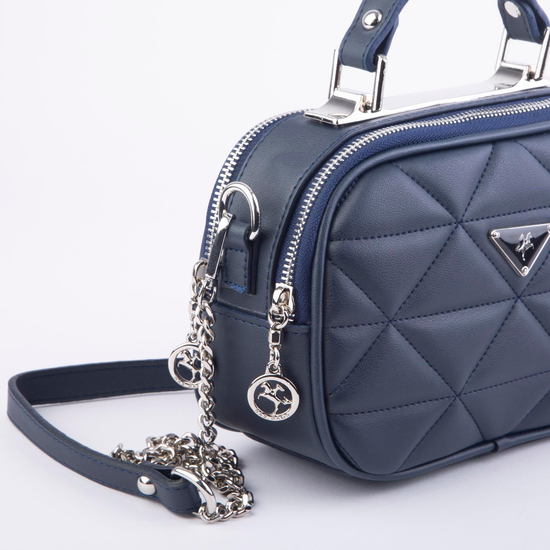 Nas Bag Zincirli Kapitone Çift Gözlü El ve Çapraz Çanta Lacivert  Dona ( 21x16 cm )