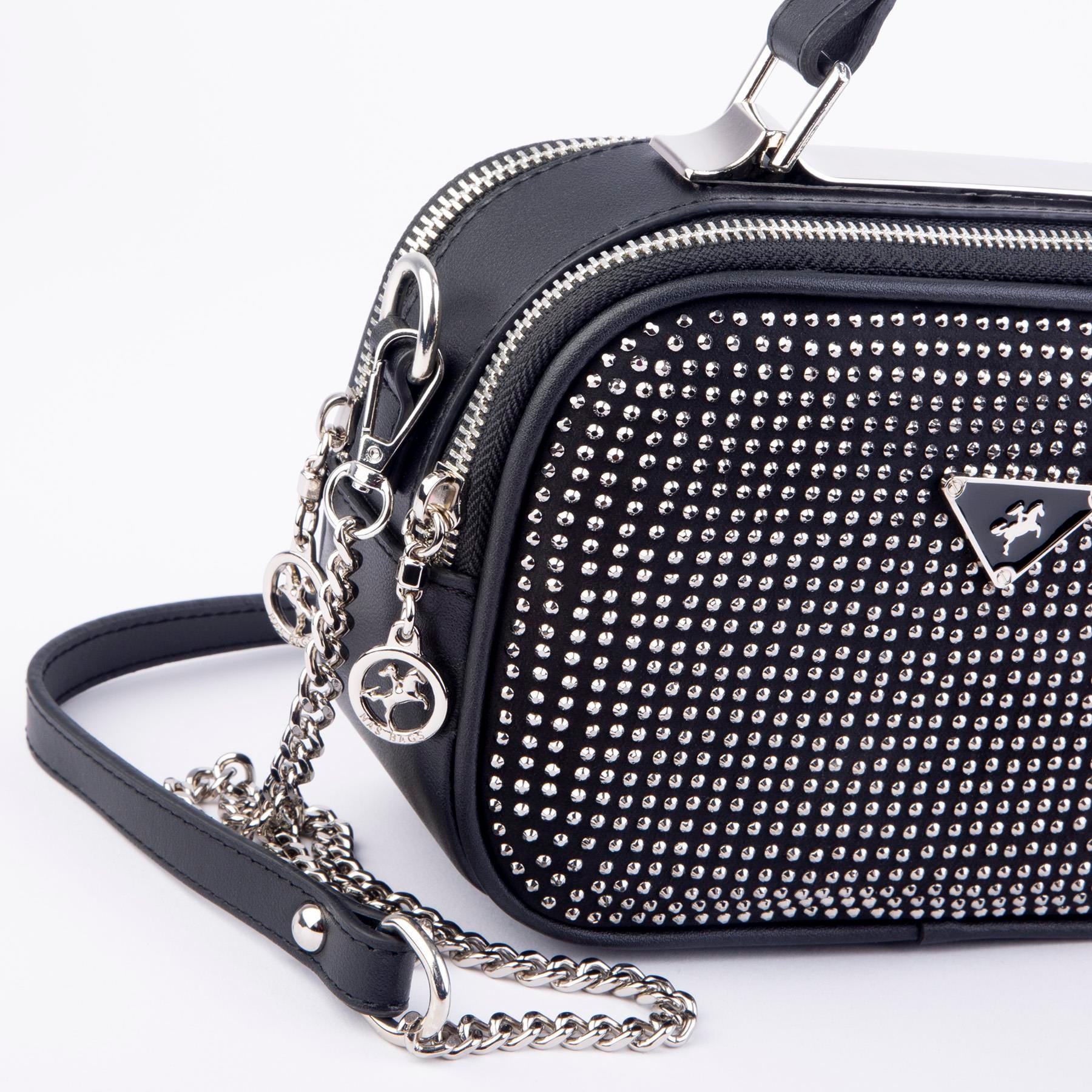 Nas Bag Zincirli Kapitone Çift Gözlü El ve Çapraz Çanta Siyah Gümüş Taşlı ( 21x16 cm )