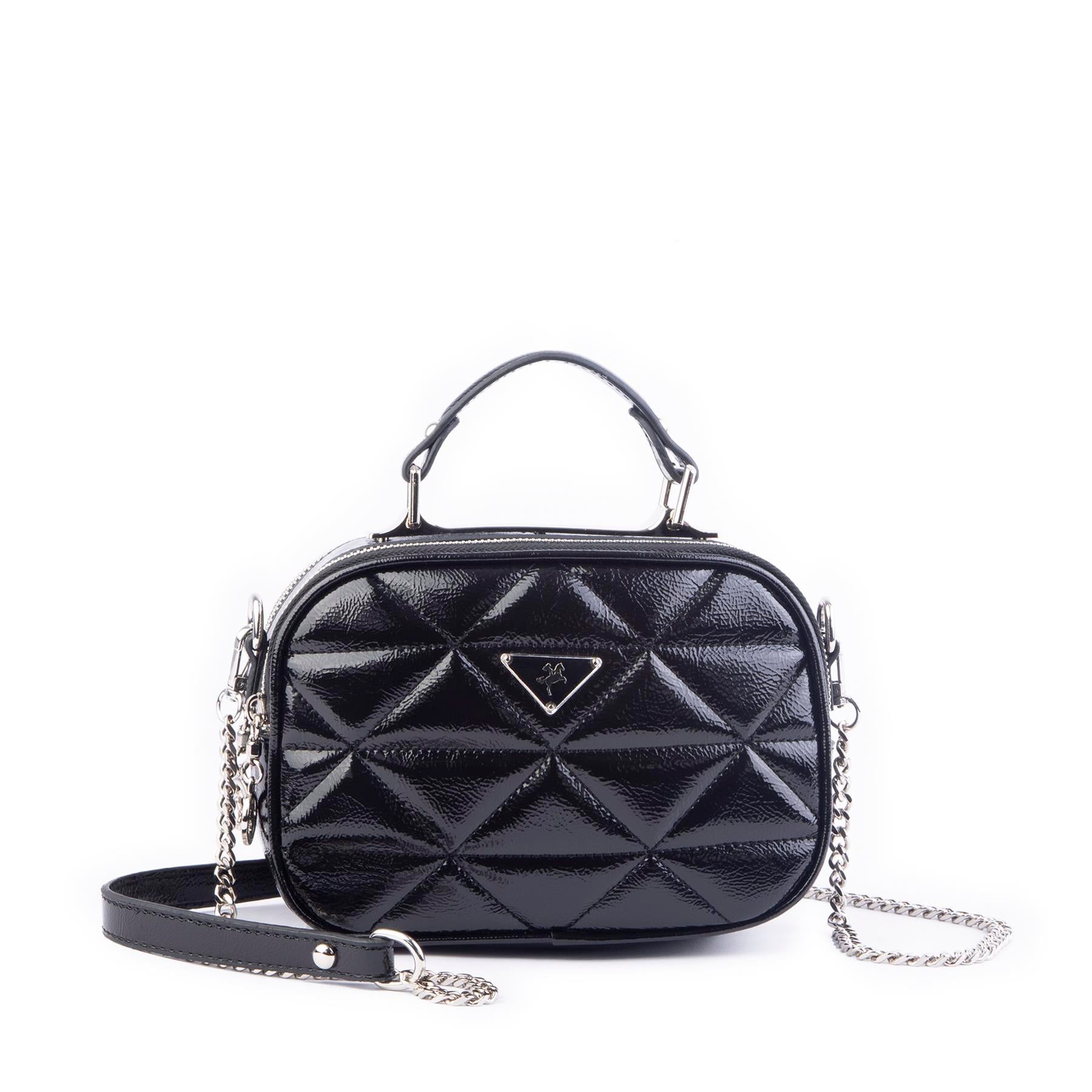 Nas Bag Zincirli Kapitone Çift Gözlü El ve Çapraz Çanta Siyah Krşk Rugan ( 21x16 cm )