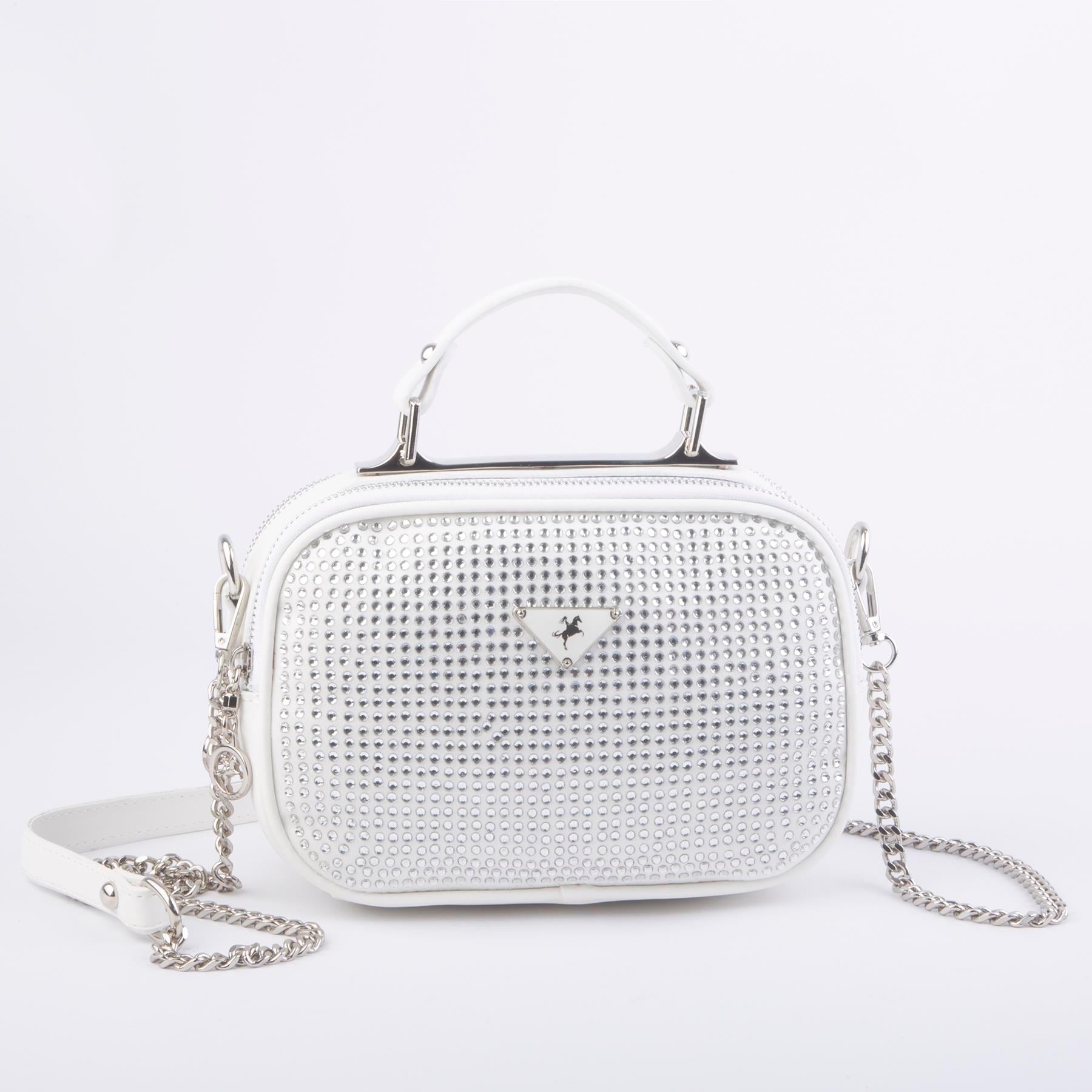 Nas Bag Zincirli Kapitone Çift Gözlü El ve Çapraz Çanta Beyaz Taşlı ( 21x16 cm )