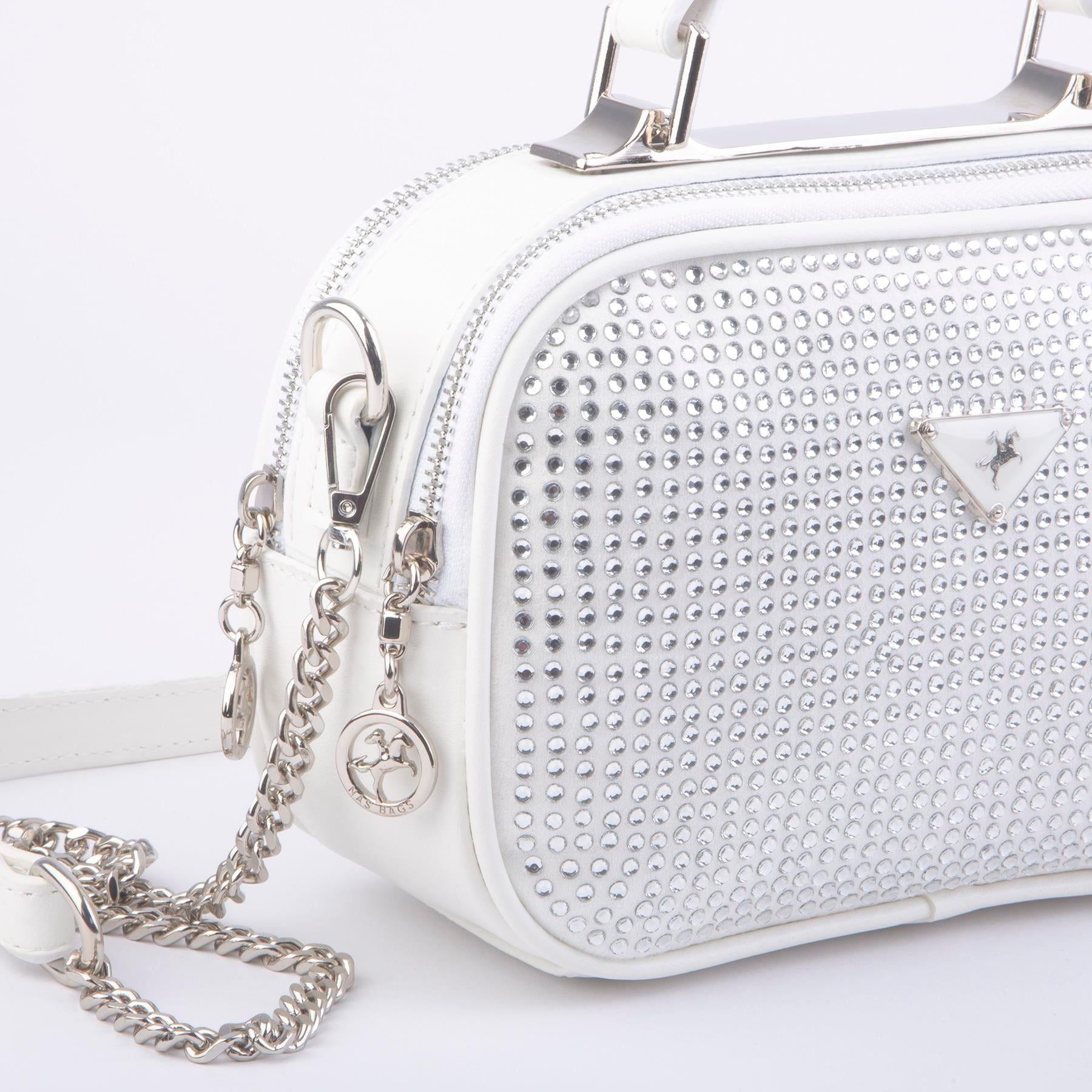 Nas Bag Zincirli Kapitone Çift Gözlü El ve Çapraz Çanta Beyaz Taşlı ( 21x16 cm )