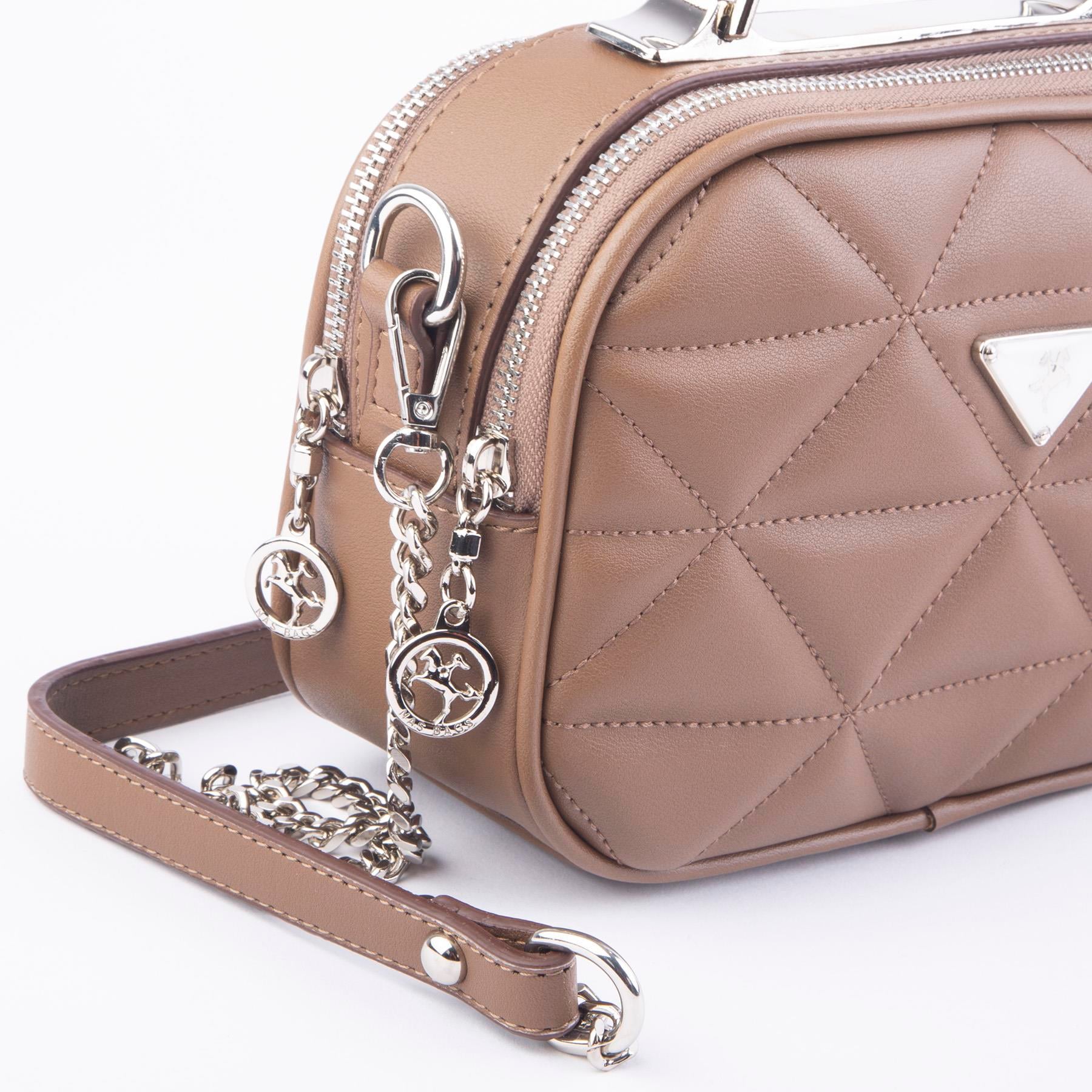 Nas Bag Zincirli Kapitone Çift Gözlü El ve Çapraz Çanta Vizon Dona ( 21x16 cm )