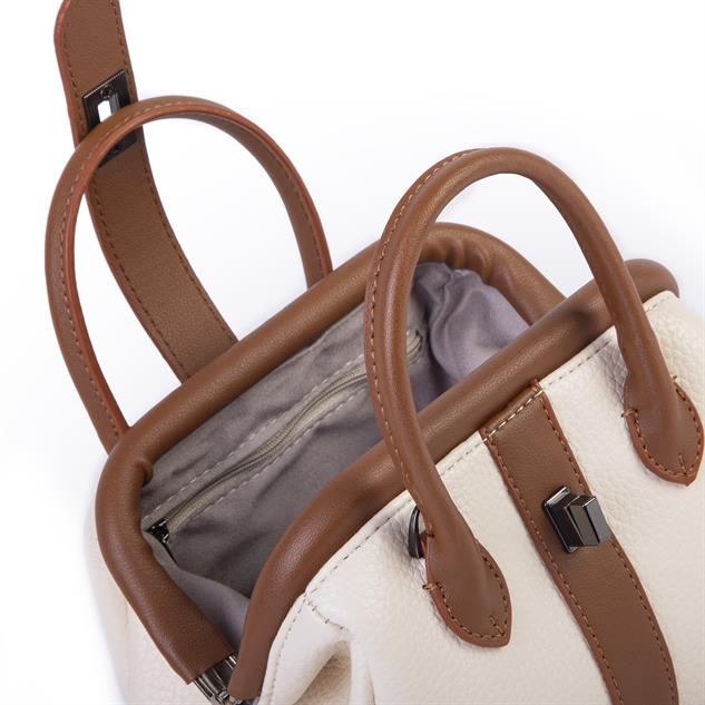  Nas Bag Kadın  Mini Boy Klipsli El ve Postacı Çantası Krem Taba Lopez (20x13 cm)