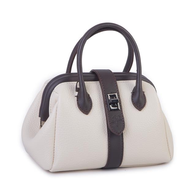  Nas Bag Kadın  Mini Boy Klipsli El ve Postacı Çantası Krem Kahve Lopez (20x13 cm)